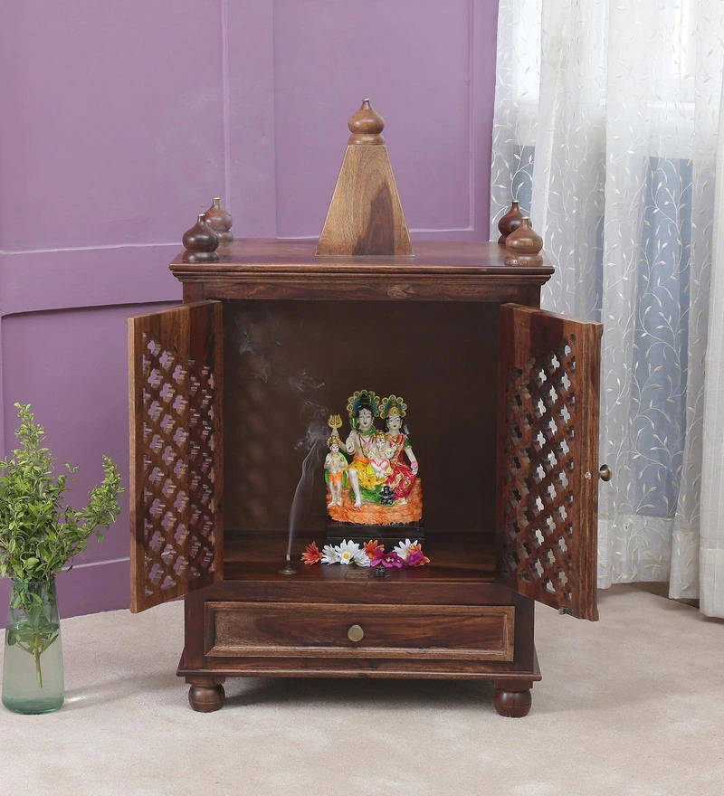 Lita Sheesham Wood  Prayer Unit In Provincial Teak Finish - Woodenmood