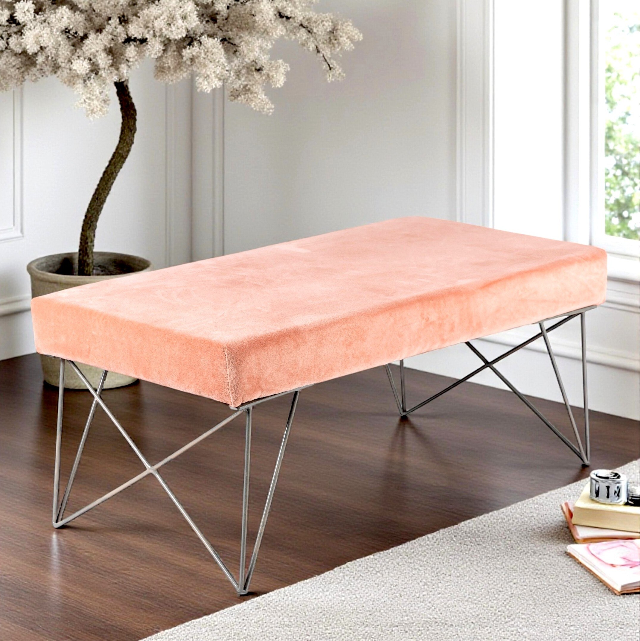 Zenith Sheesham Wood Accent 2 Seater Bench   In Melon Pink Cotton Velvet