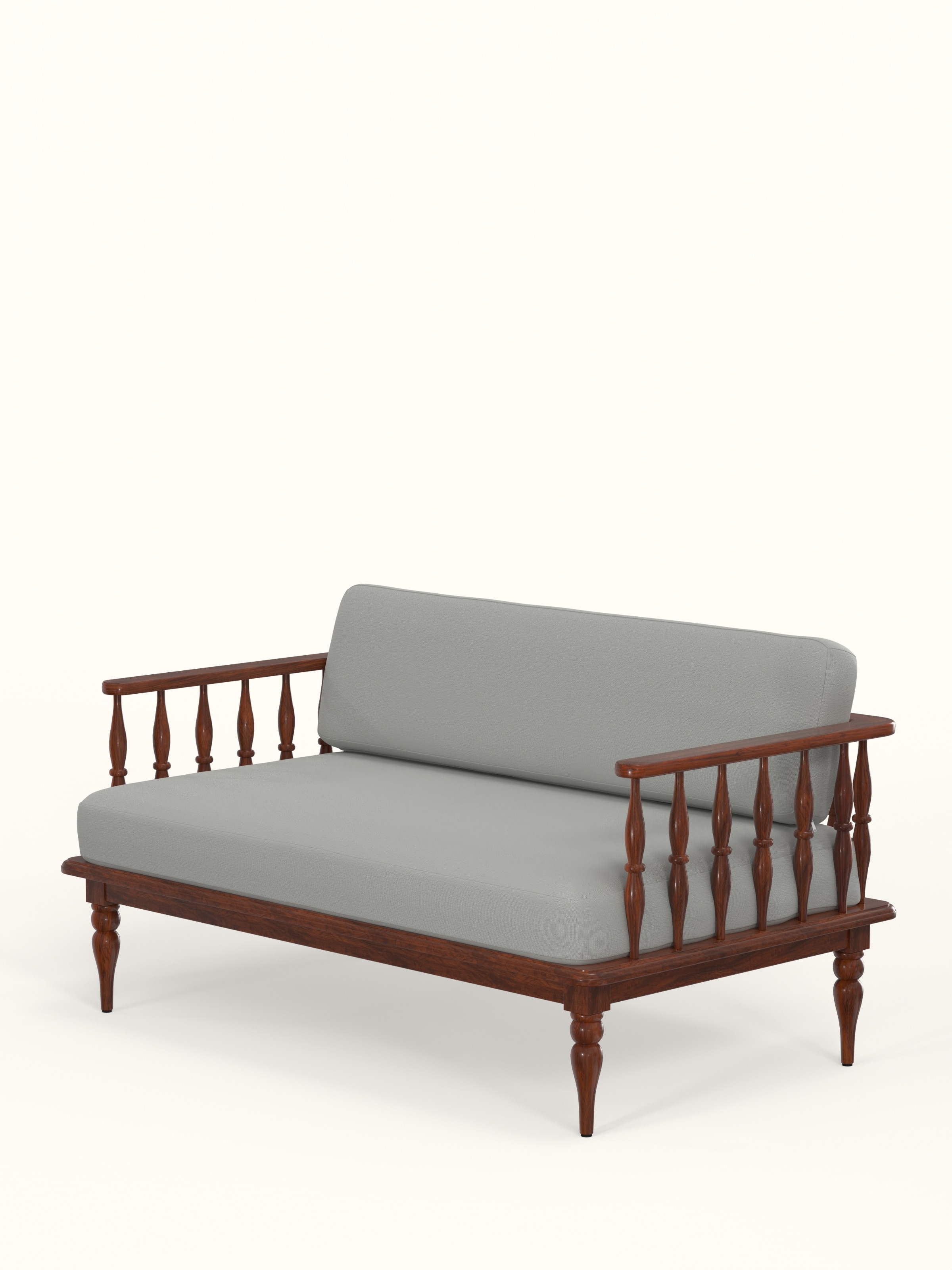 Side view of the blue plain fabric 2-seater sofa with sheesham wood frame, emphasizing the comfortable seating and classic design.