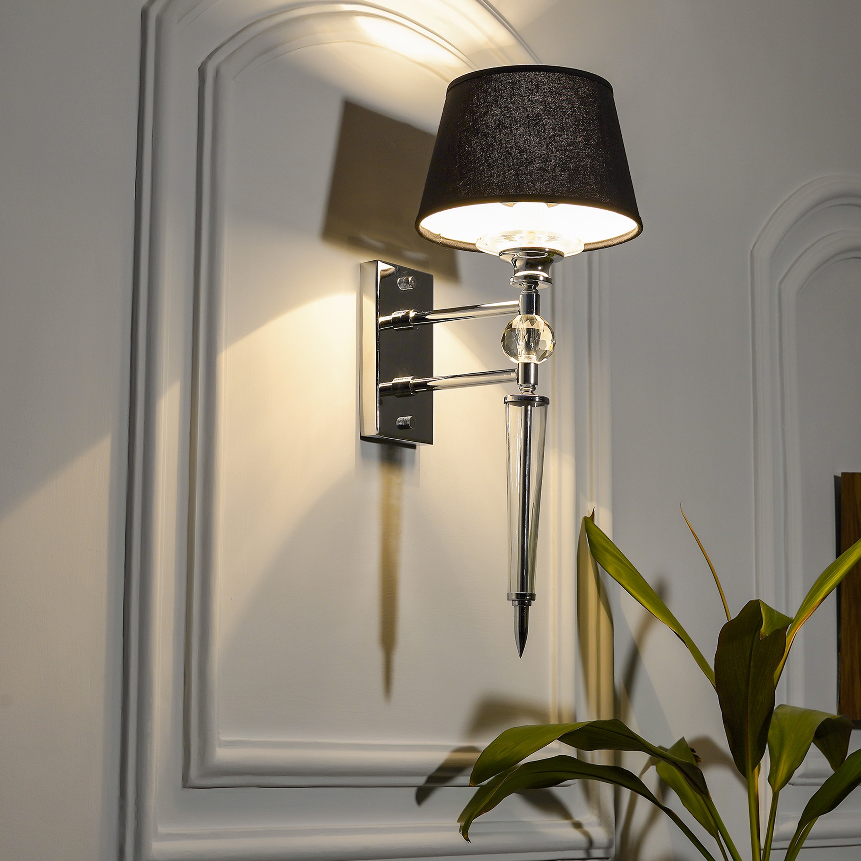 Aberdeenshire Glass and shiny Brass Wall Light With Black Cotton Shade