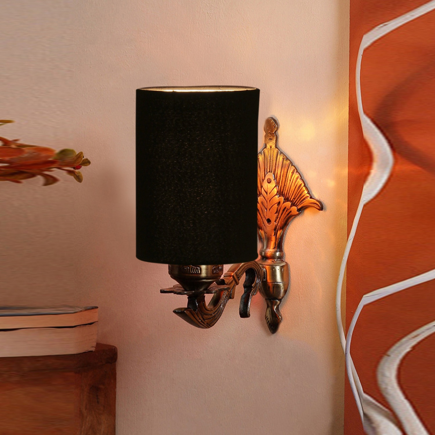 Devansh Metal Electric Wall Light in Antique Gold Colour with Black Shade Count of 1 Light - Devansh