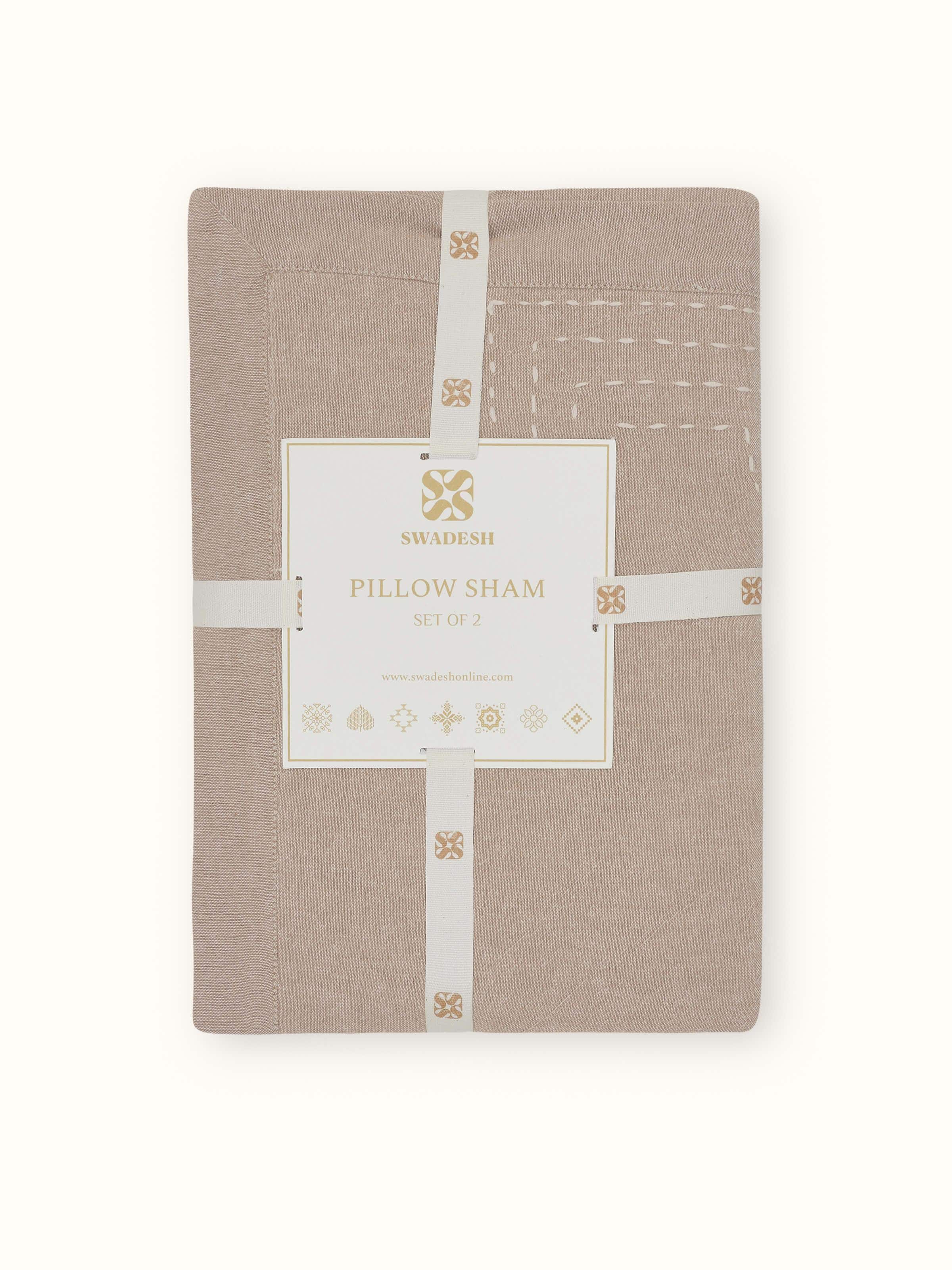 Close-up of Kantha embroidery on Kahani Brown Geometric Cotton Pillow Shams highlighting fine detailing