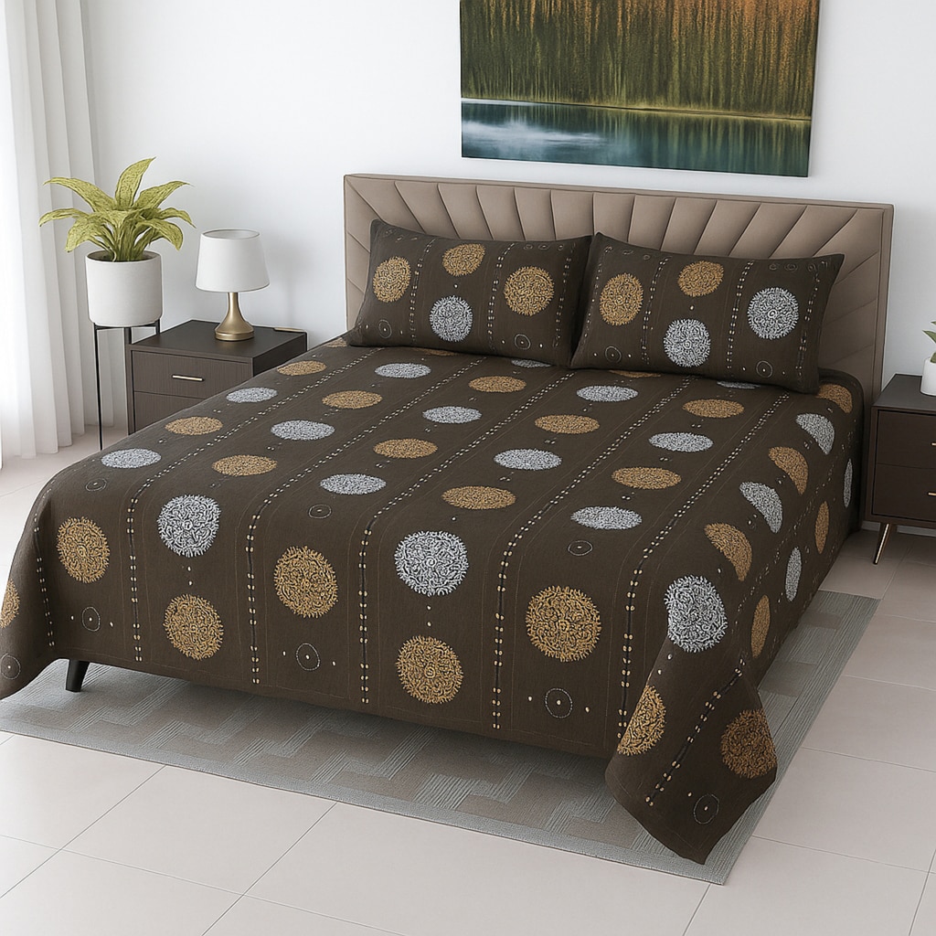 Dark Brown Floral 400 TC Cotton Flat Super King Size Bedsheet With 2 Pilllow Covers From Threads