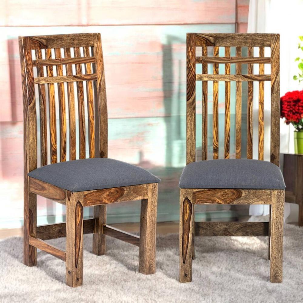 Columbus wood Set of 2 Dining Chairs in Anchor Grey Fabric Cushioning with TEAK FINISH