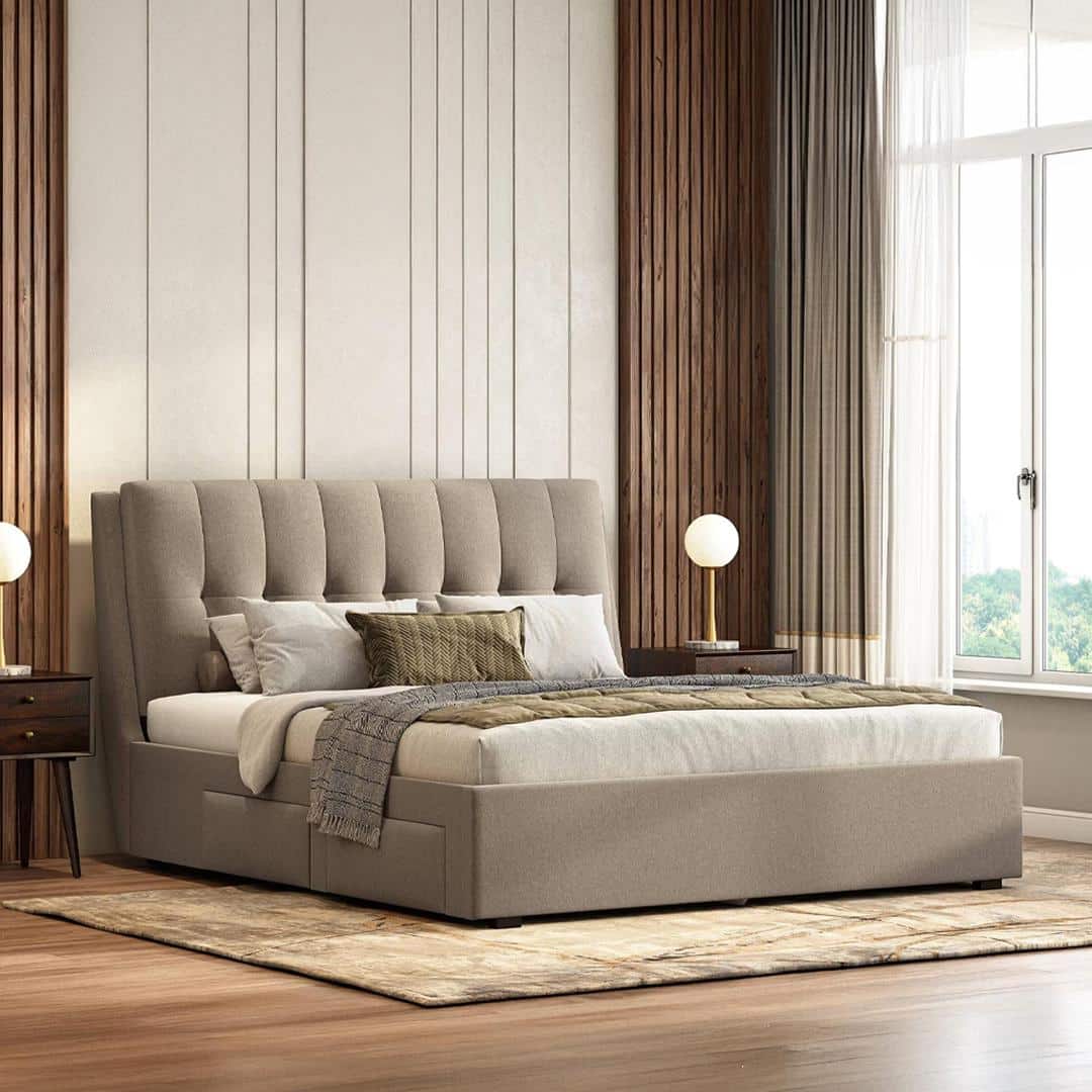 Bornholm Engineered Wood King Size Drawer Storage Upholstered Bed In Shitake Beige Colour