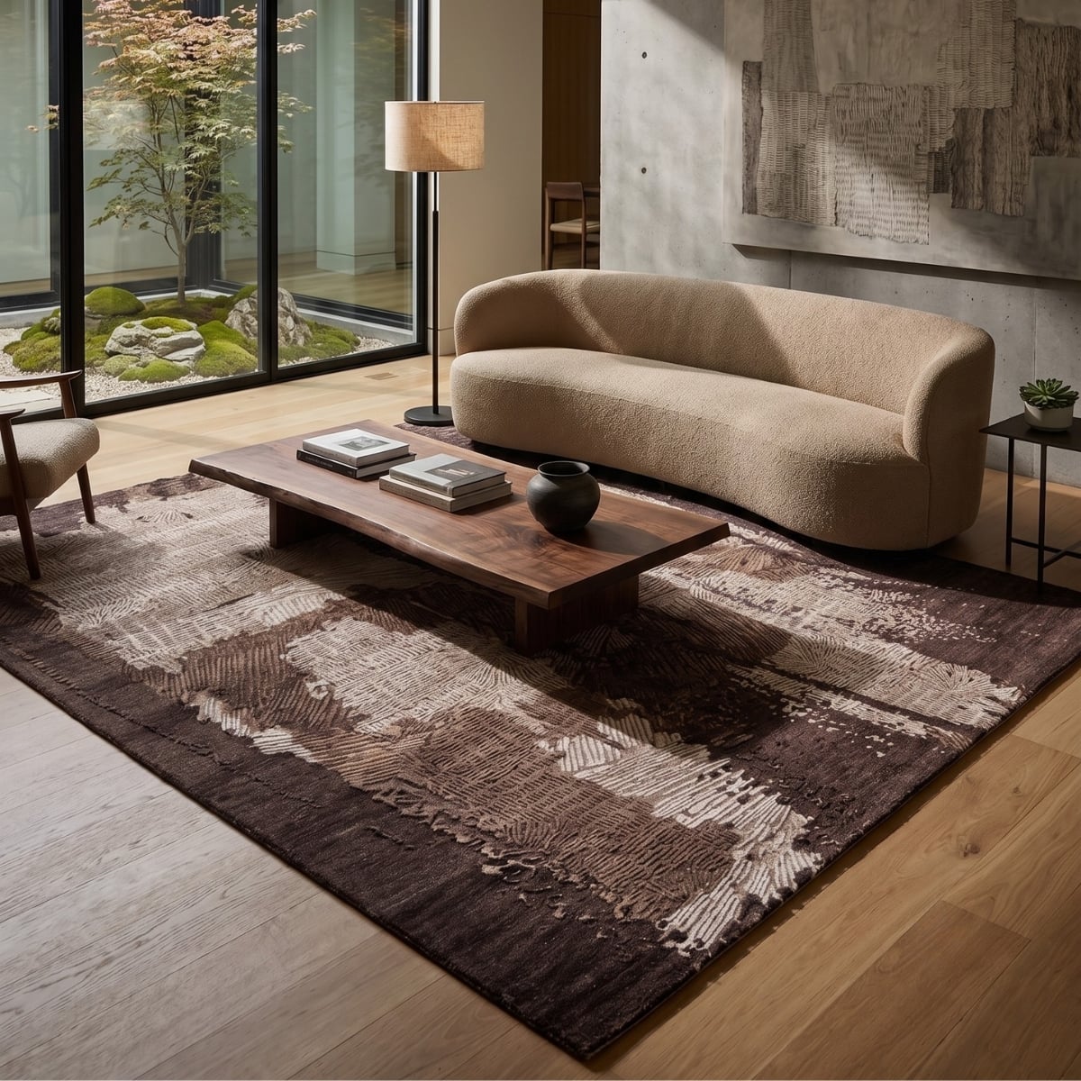 Abstract Brown Wool Silk Handmade Area Rug for Bedroom 10x14