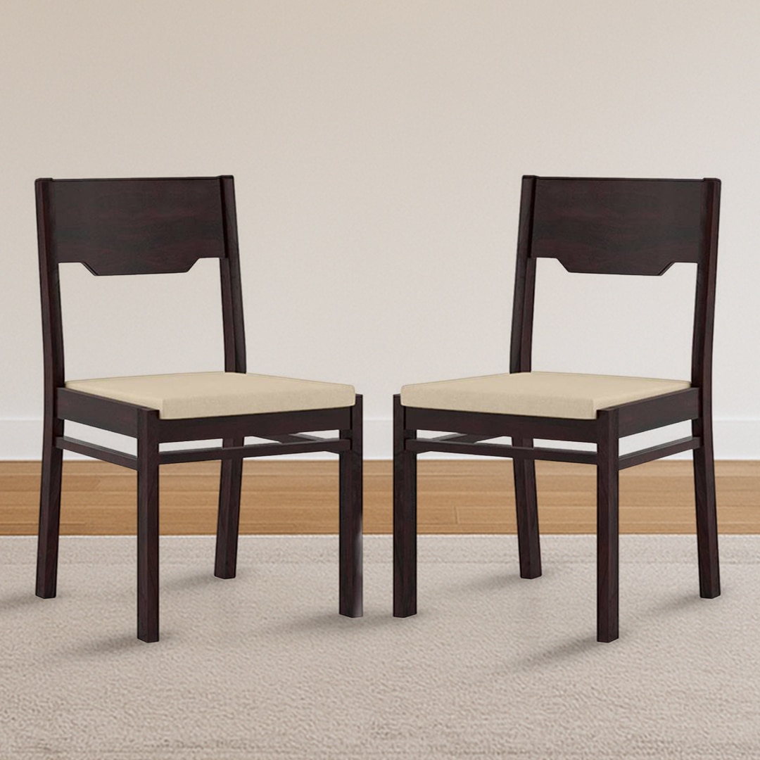 Kerry Solid Wood Dining Chair Set Of 2 In Mahogany Finish With Wheat Brown Fabric Colour