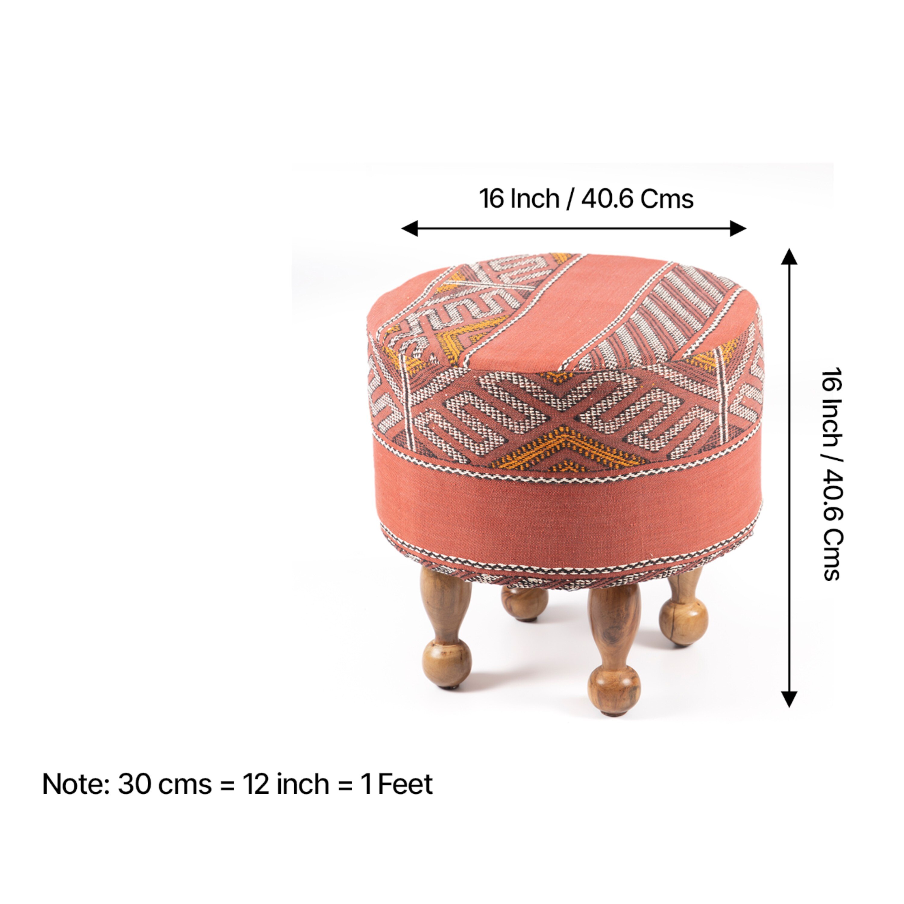 Louisville Acacia Wood Parisian Round Set of 2 Pouf Stools in Red Jacquard