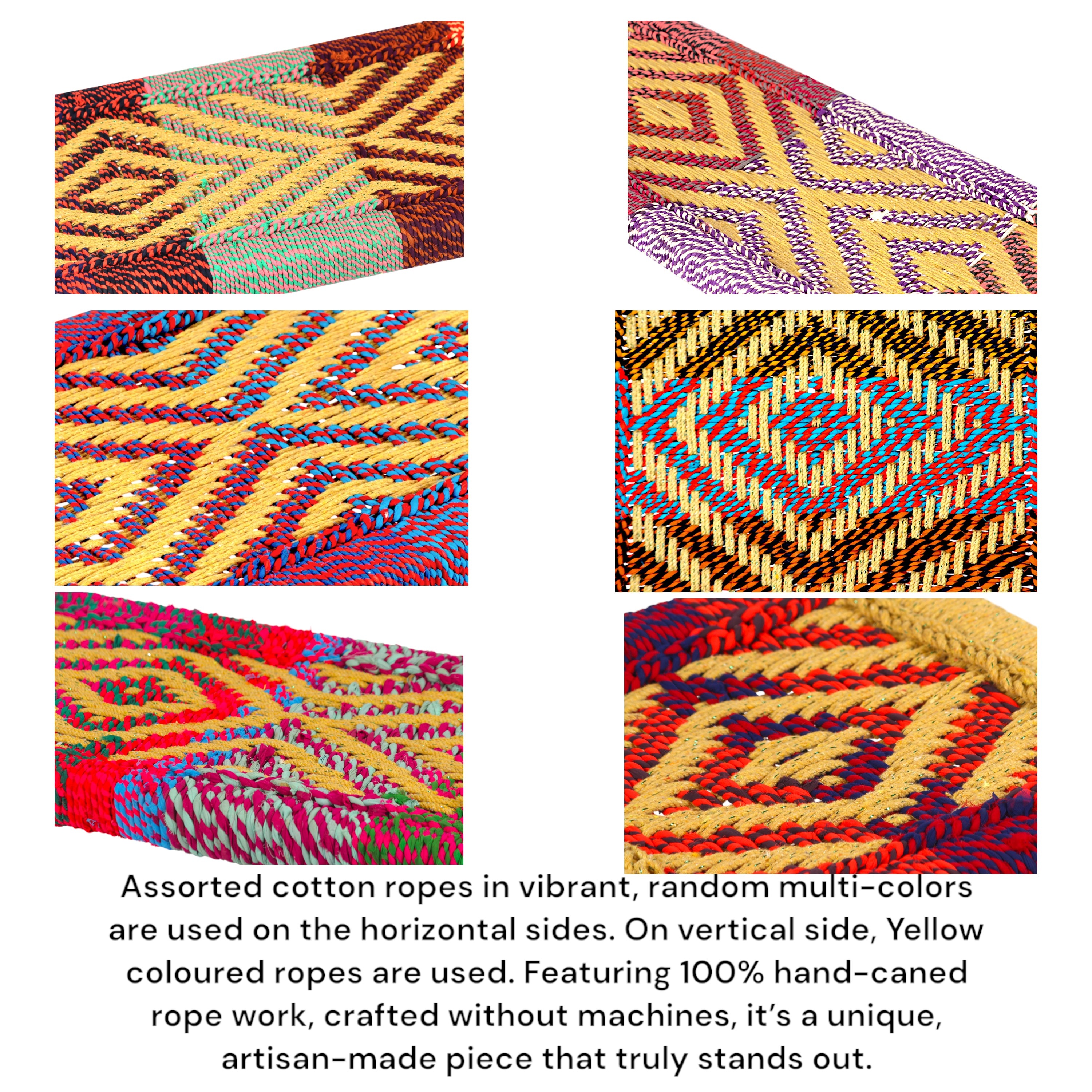 Riaza Sheesham Wood Maachi Stool in Assorted Multi-Colour Chindi & Yellow Rope Canning