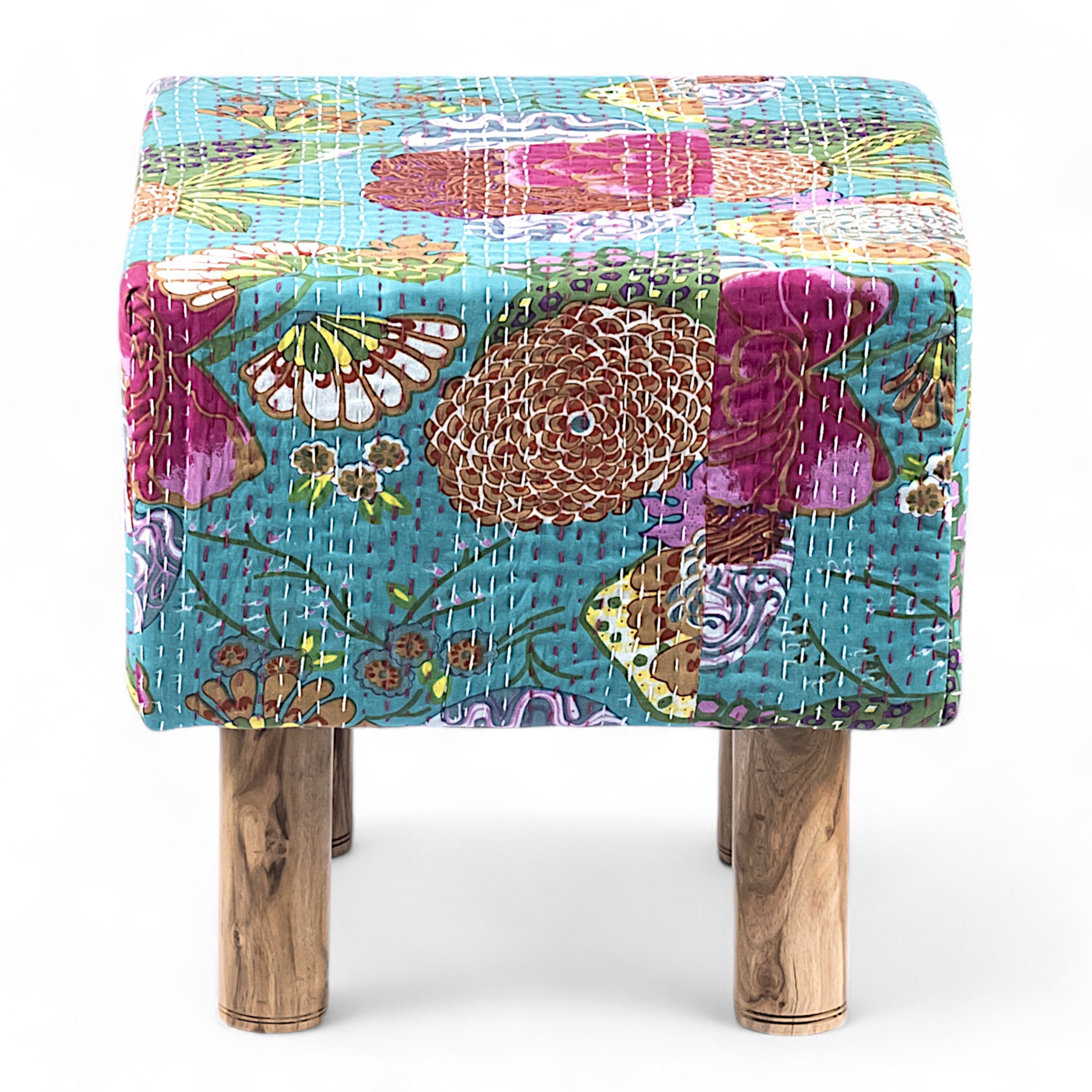 Verona Solid Wood Pouf Stool in Floral Print Green Kantha Fabric