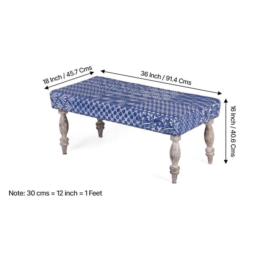 Bestone Sheesham Wood Mid Century Seater Bench Set  2 Stools In Indigo Patchwork Kantha