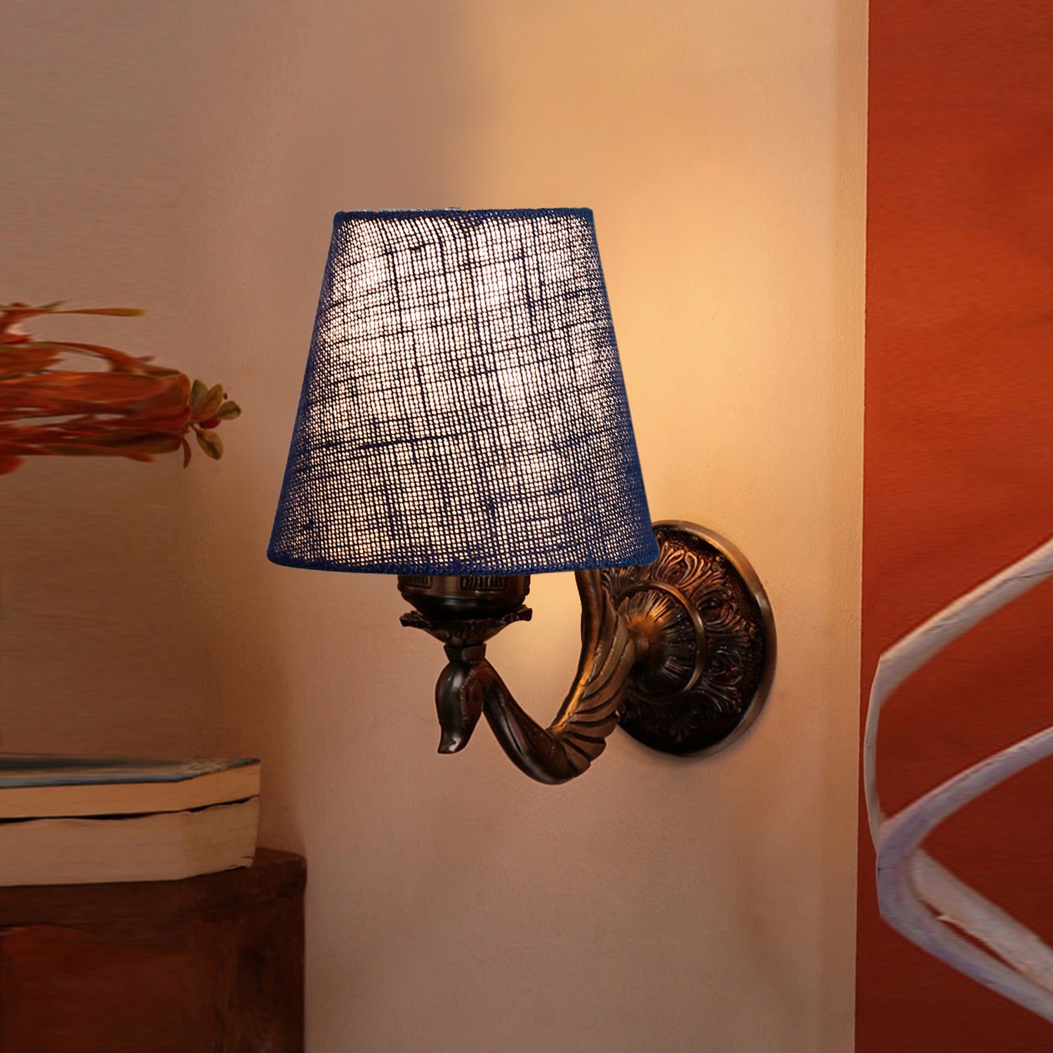 Devansh Metal Electric Wall Light in Antique Gold Colour with Blue Shade Count of 1 Light - Devansh