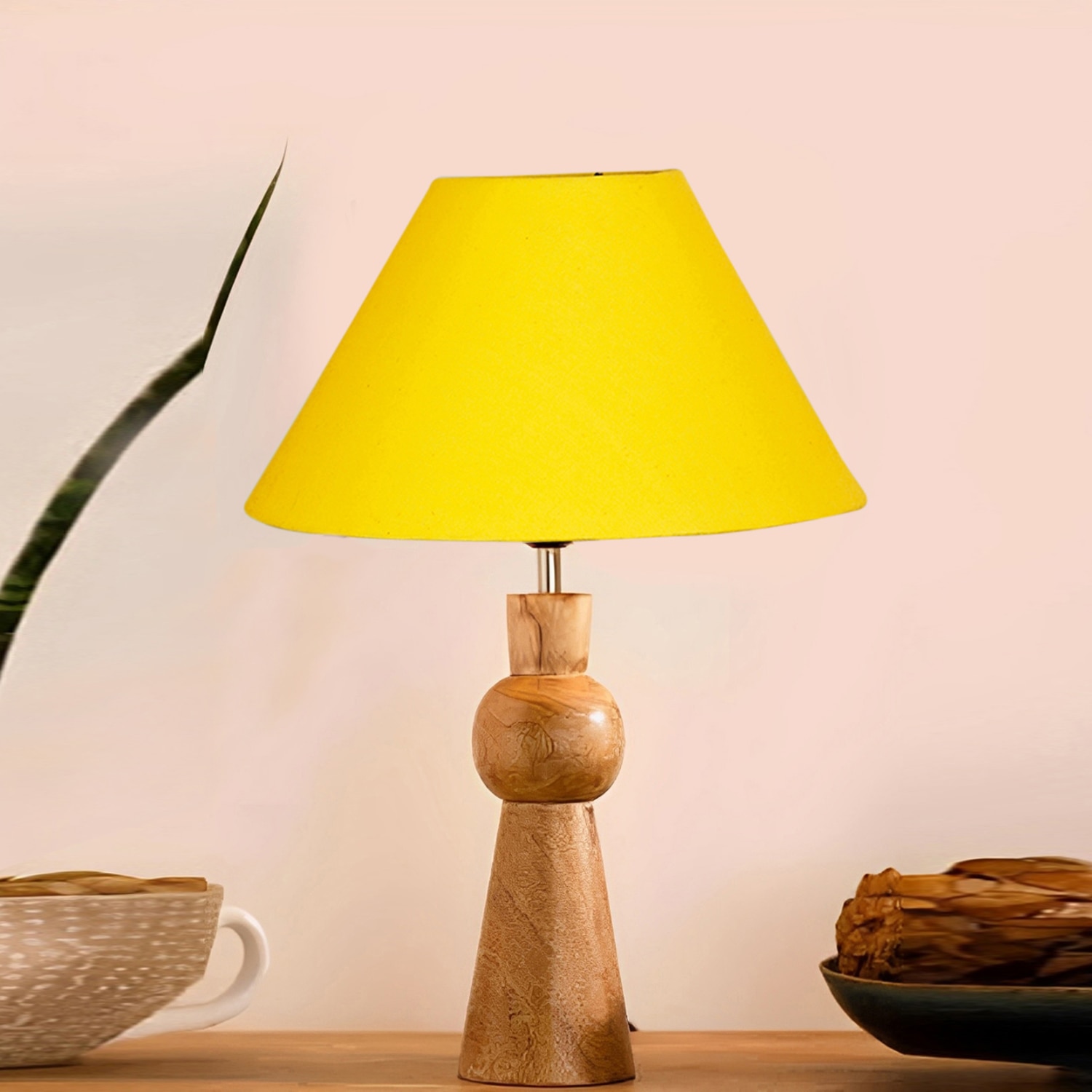 Devansh Yellow Cotton Table Lamp With  Wood Natural Base (10X18 Inches)-31