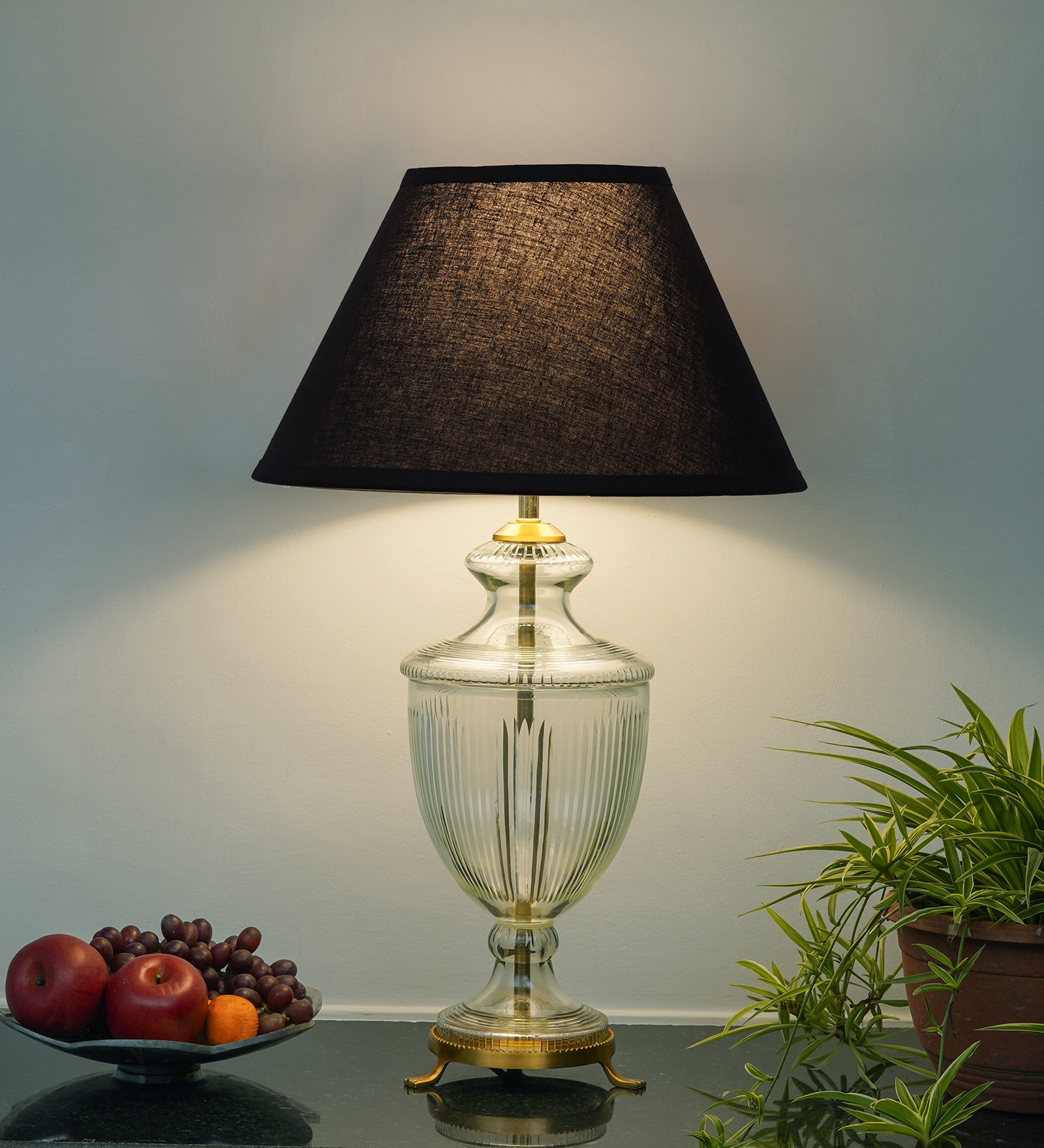 Mystic Hand Cut Rippled Glass And Brass Casted Metal Table Lamp With Black Cotton Shade