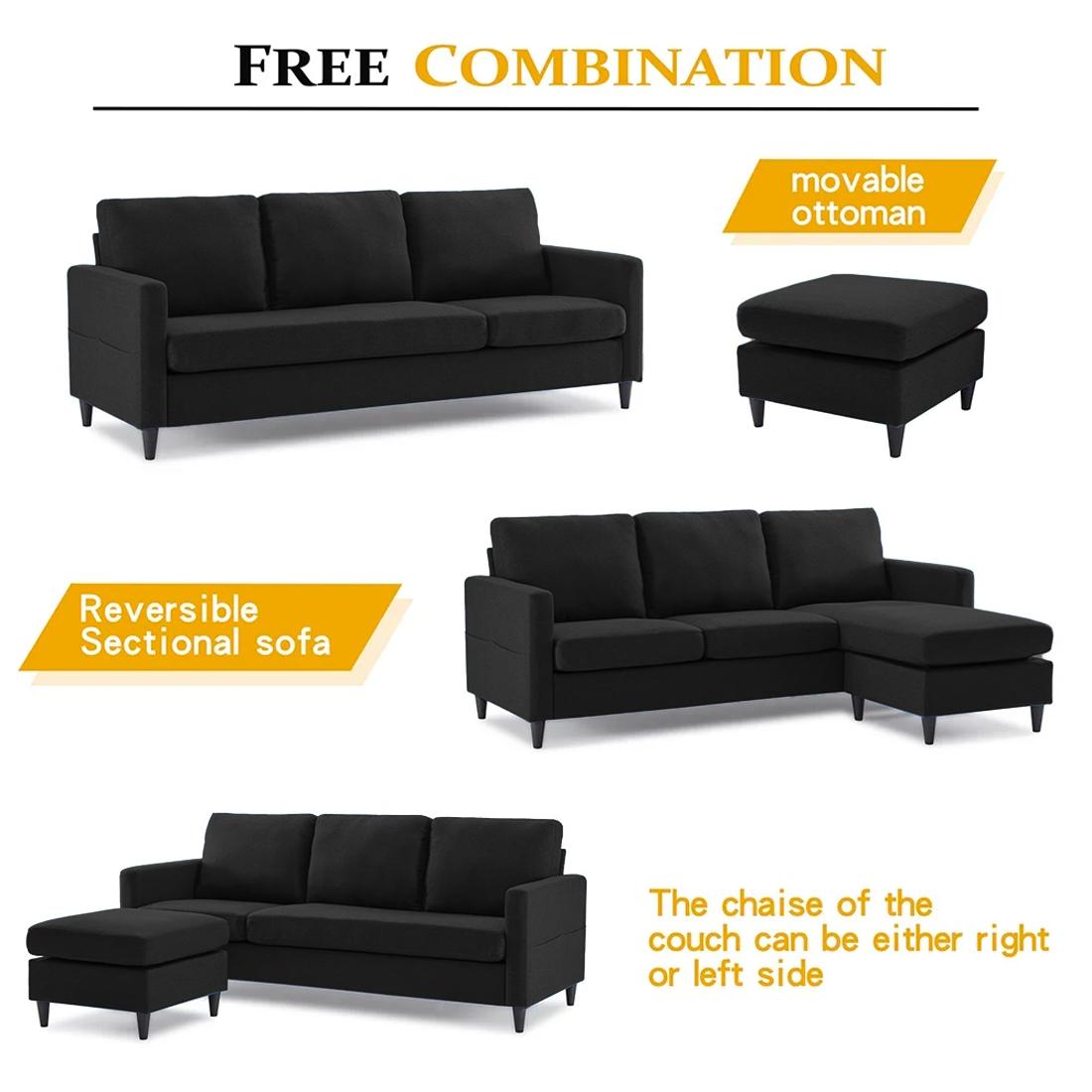 Monznij Sectional Fabric Sofa - Black