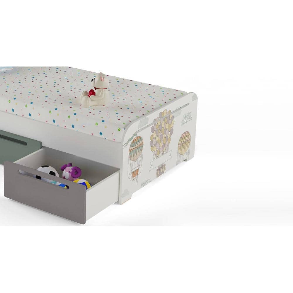 Cloud Tails Engineered Wood Drawer Storage Bed in Light Grey Colour