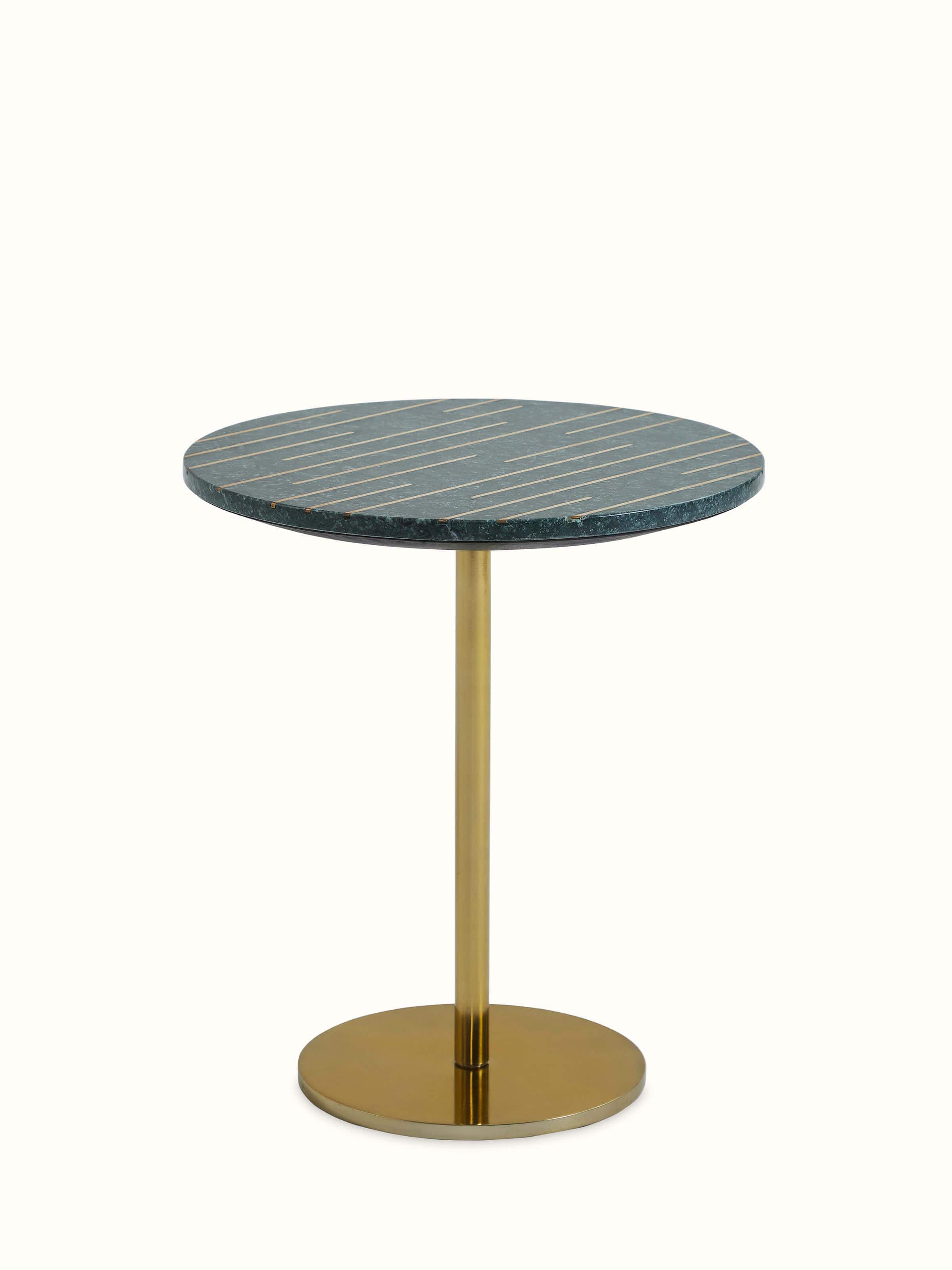 Front view of Brass Inlay Marble & Metal End & Side Table showcasing the elegant brass inlay and marble top design.