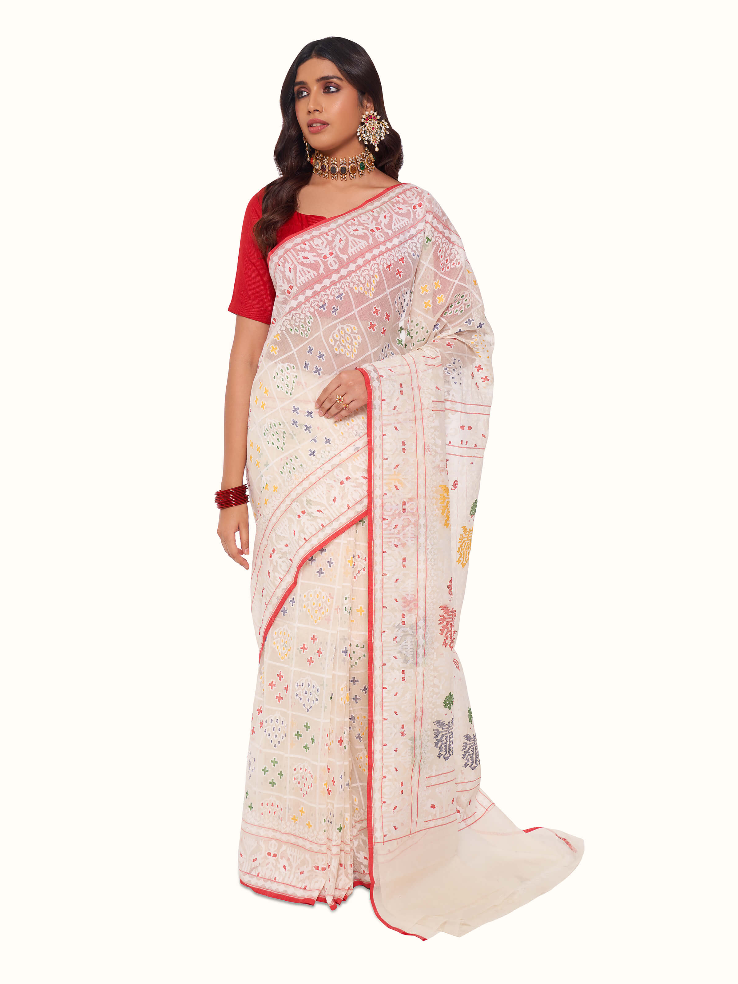 Front view of white cotton Awadh Jamdani saree showcasing delicate woven motifs