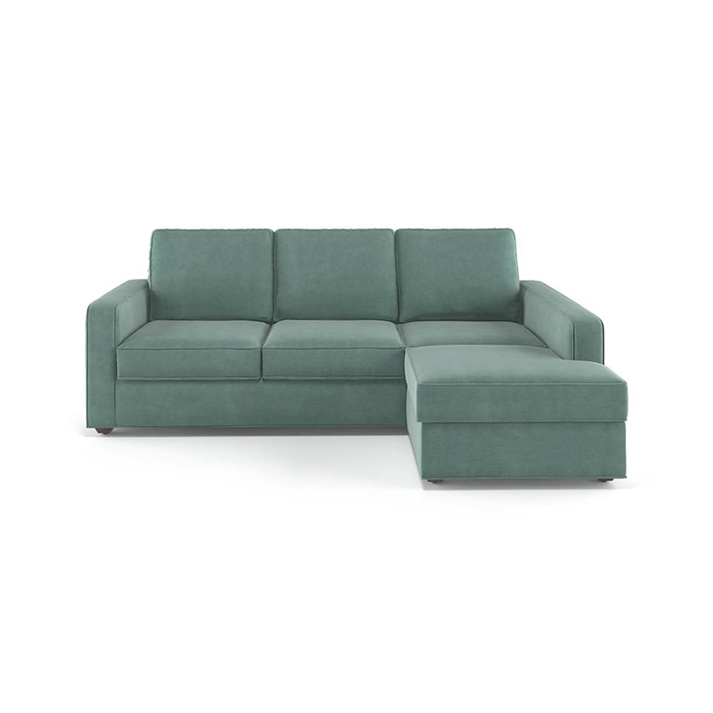 Apollo Compact Sofa (Colour : Dusty Turquoise Velvet, Cushion : Hard, Back Type : Regular, Seating Capacity : Right Aligned 2 Seater + Right Aligned Chaise + Ottoman) - Urban Ladder