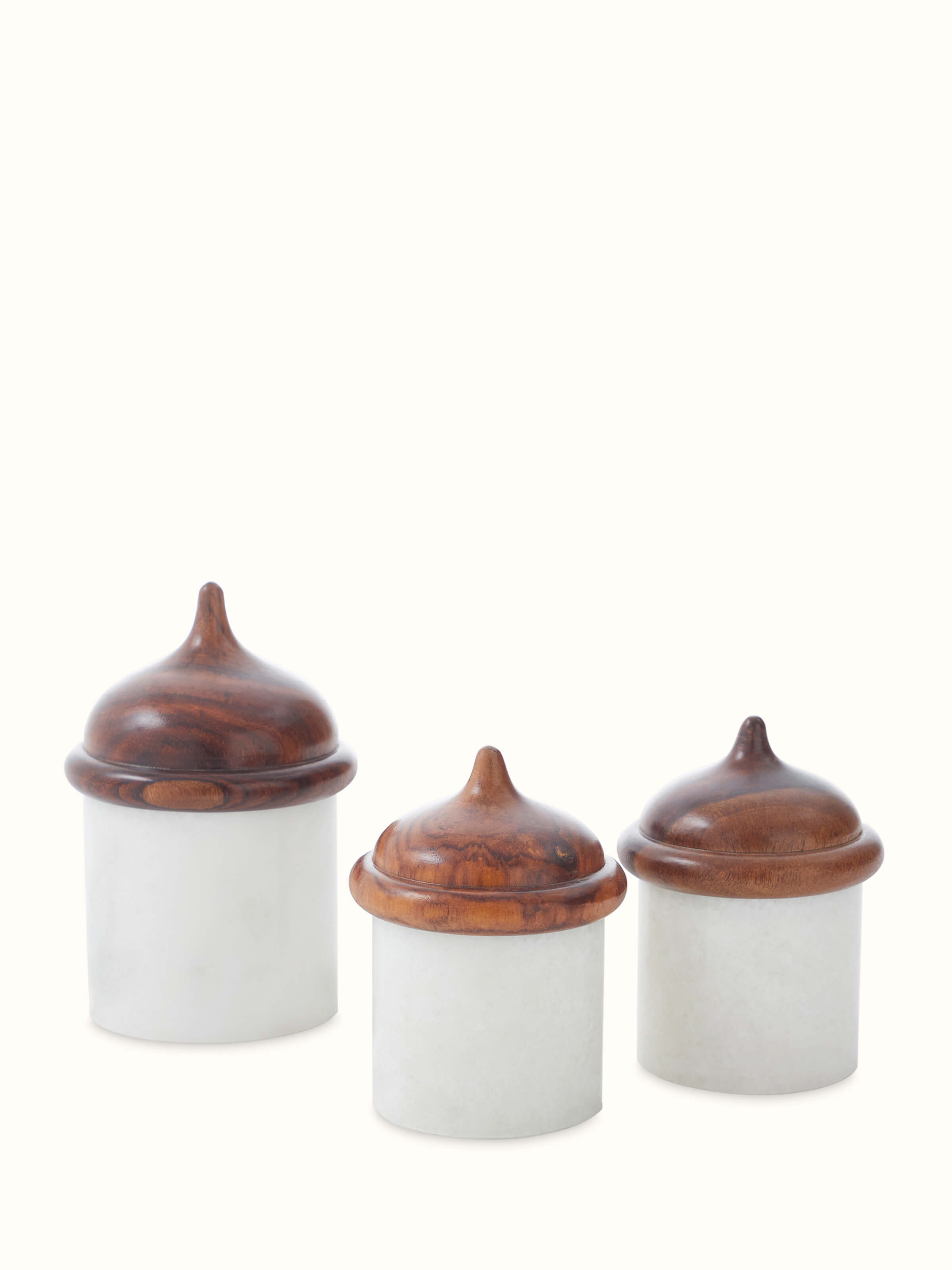 Angled view of White Pavilion Marble Carving Condiment Set