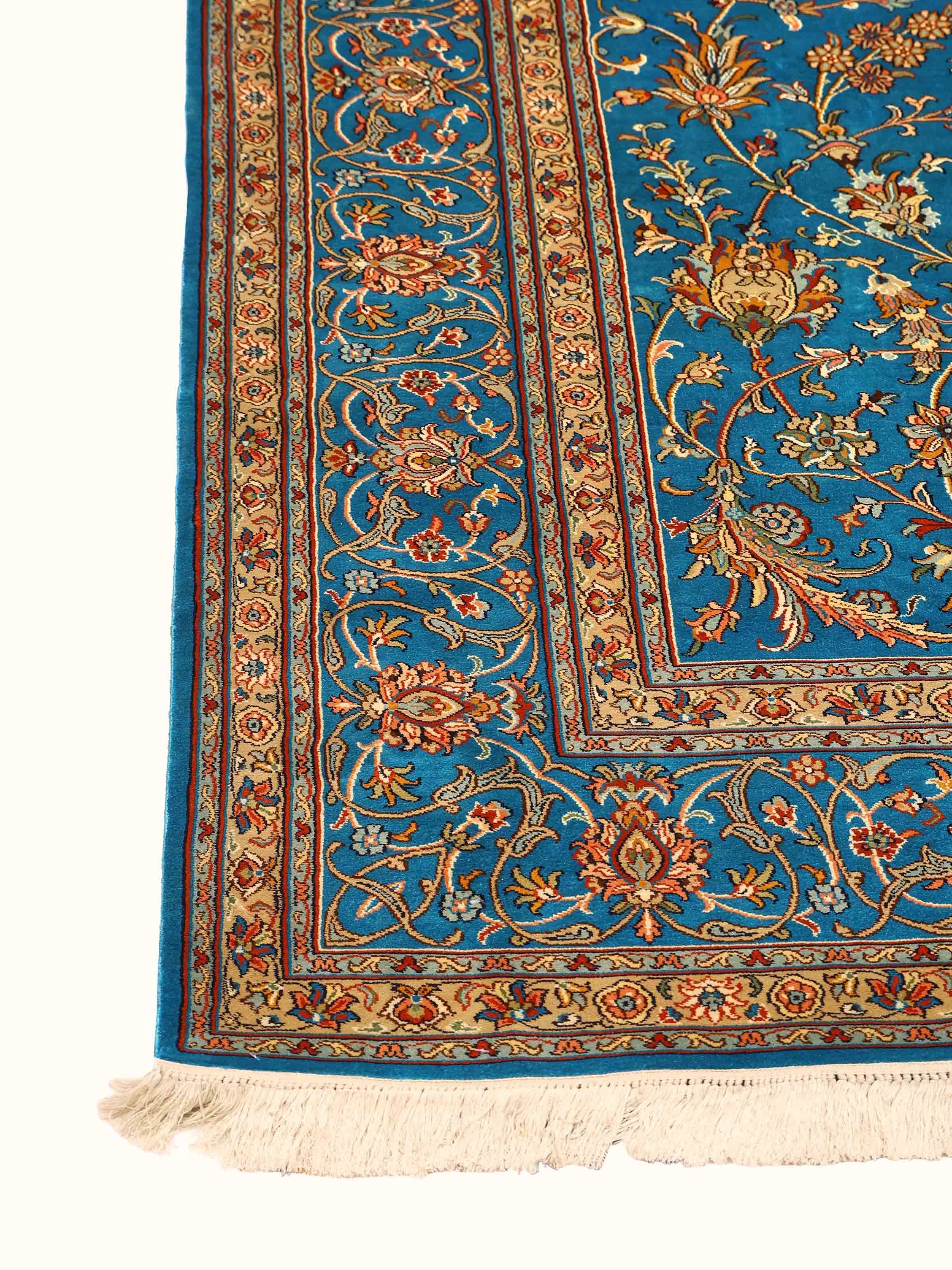 Traditional Persian Azure Cream Medallion Kashmir Silk Hand-Knotted Carpet
