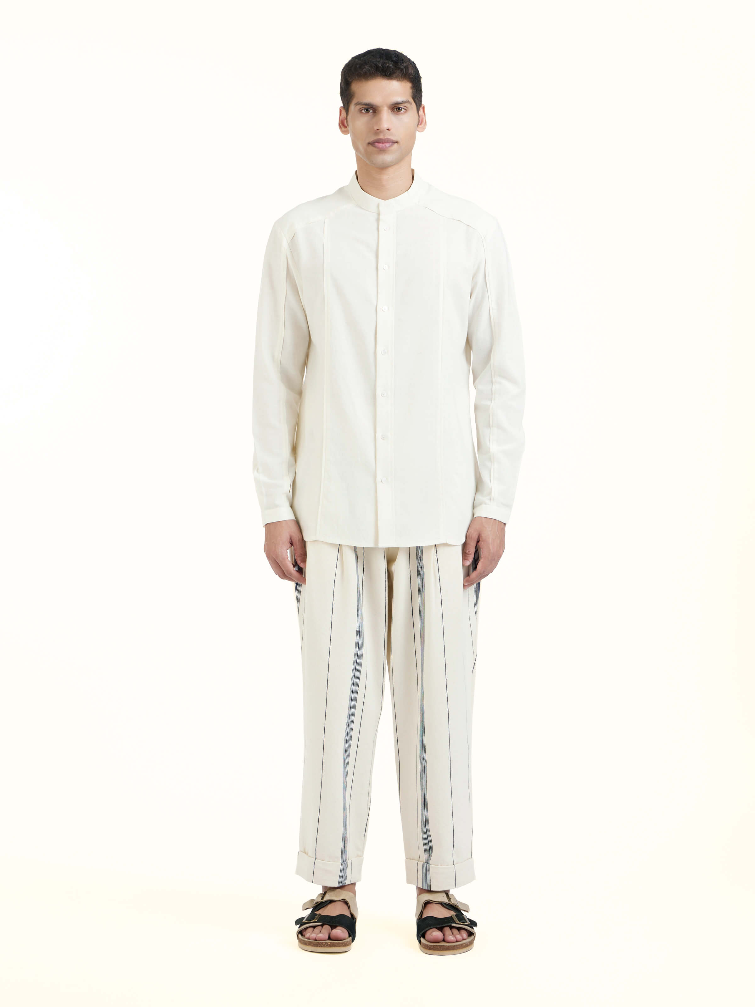 Front view of ivory cotton handloom full sleeve shirt showcasing clean handloom texture