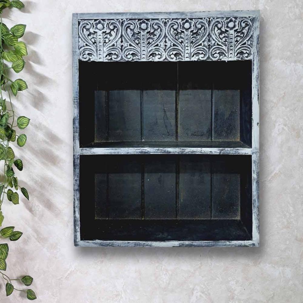 Sargasso Grey Colour Solid Wood Handcarved Box Style Floating Wall Shelf with compartment