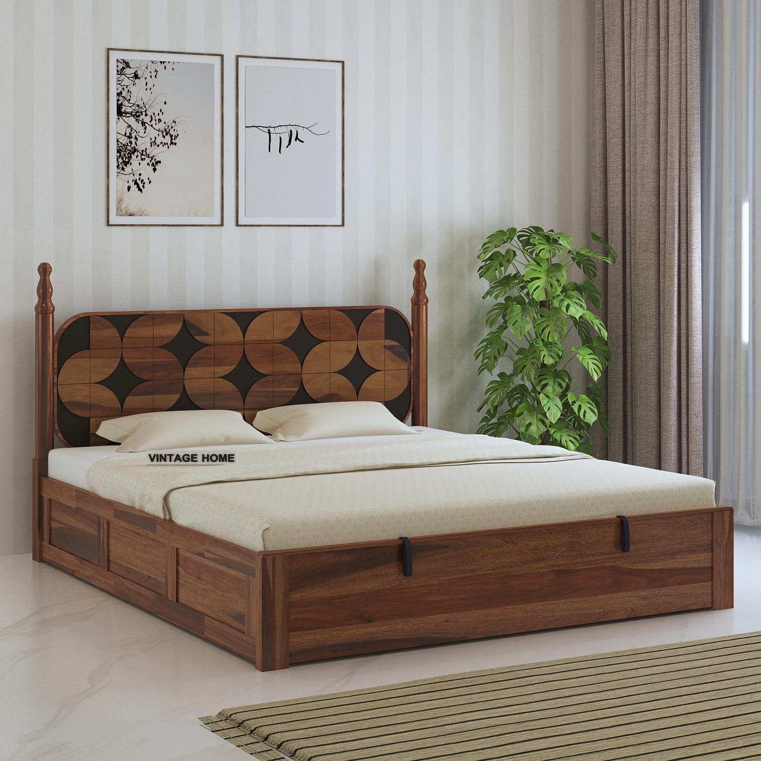 Rustic Sheesham Wood Queen Size Bed With Hydraulic Storage In Provincial Teak Finish