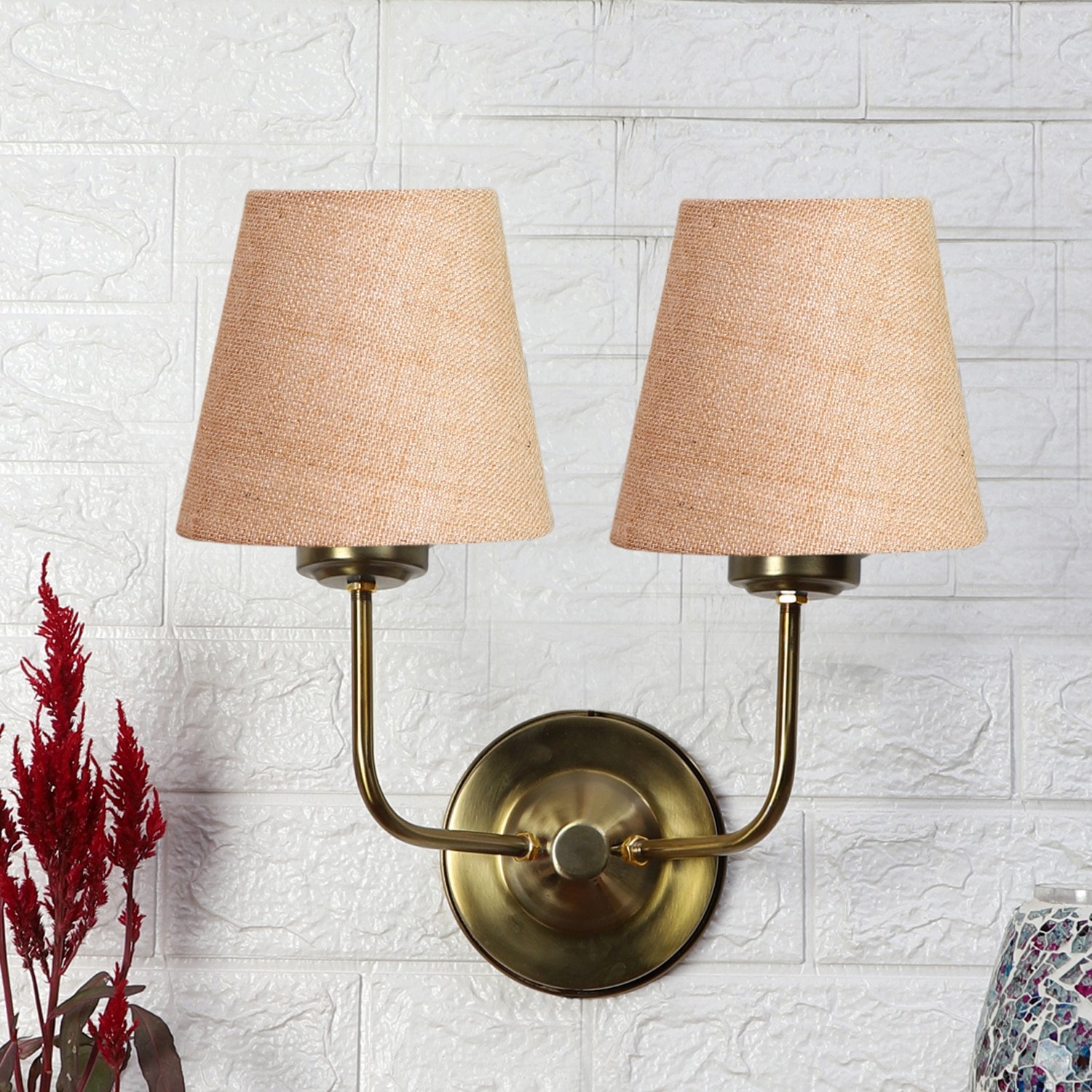 Devansh Metal Electric Wall Light in Gold Colour with Grey Shade Count of 2 Lights - Devansh