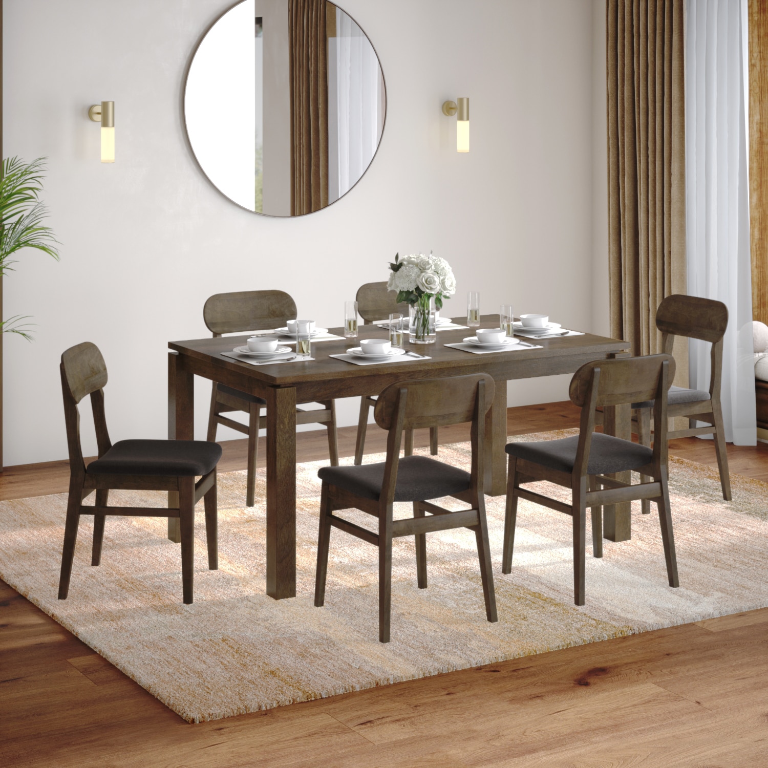 Atlas Solid Wood 6 Seater Dining Table With 6  Lunar Dining Chairs (Finish : Danish Walnut, Chair Colour : Urban Grey)