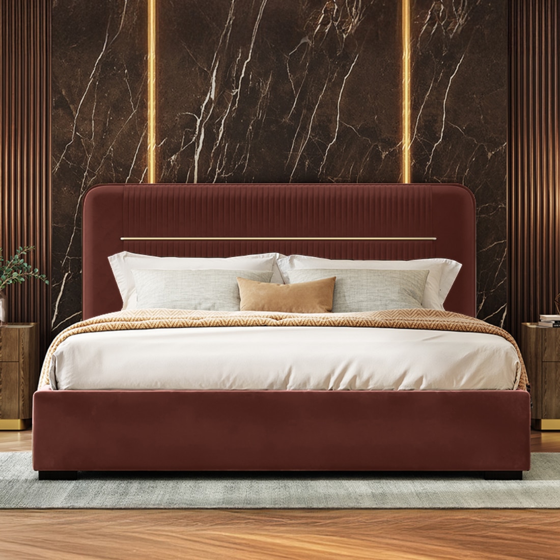 Milan Engineered Wood King Size Bed With Hydraulic Storage (Deep Crimson Velvet Colour)
