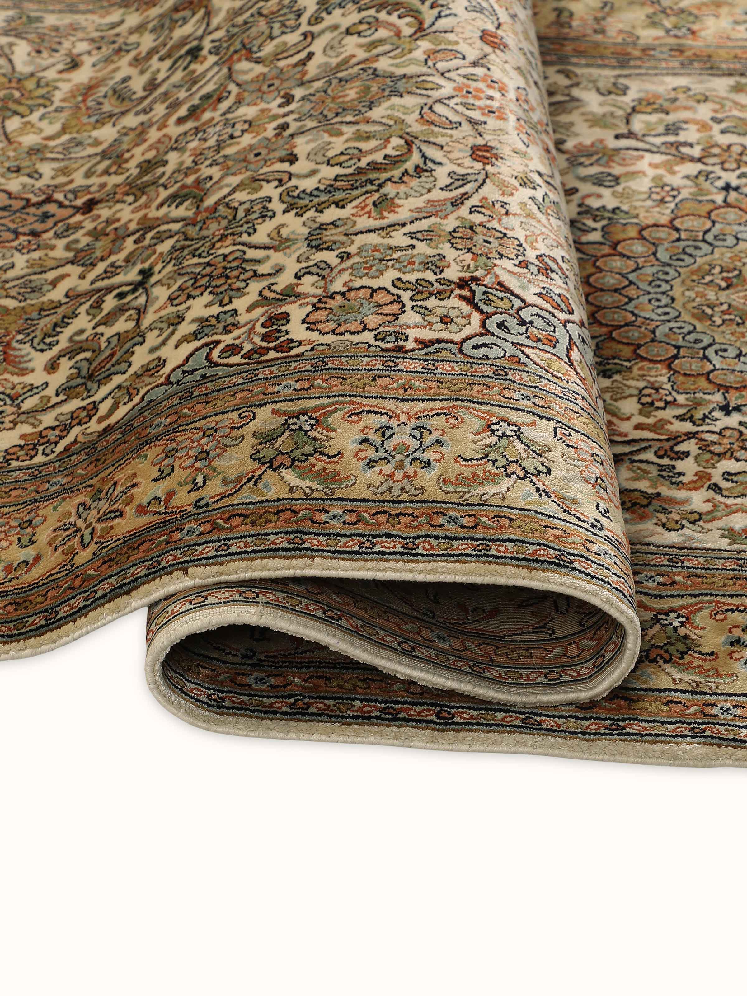 Traditional Persian Ivory Kashan Kashmir Silk Hand-knotted Runner