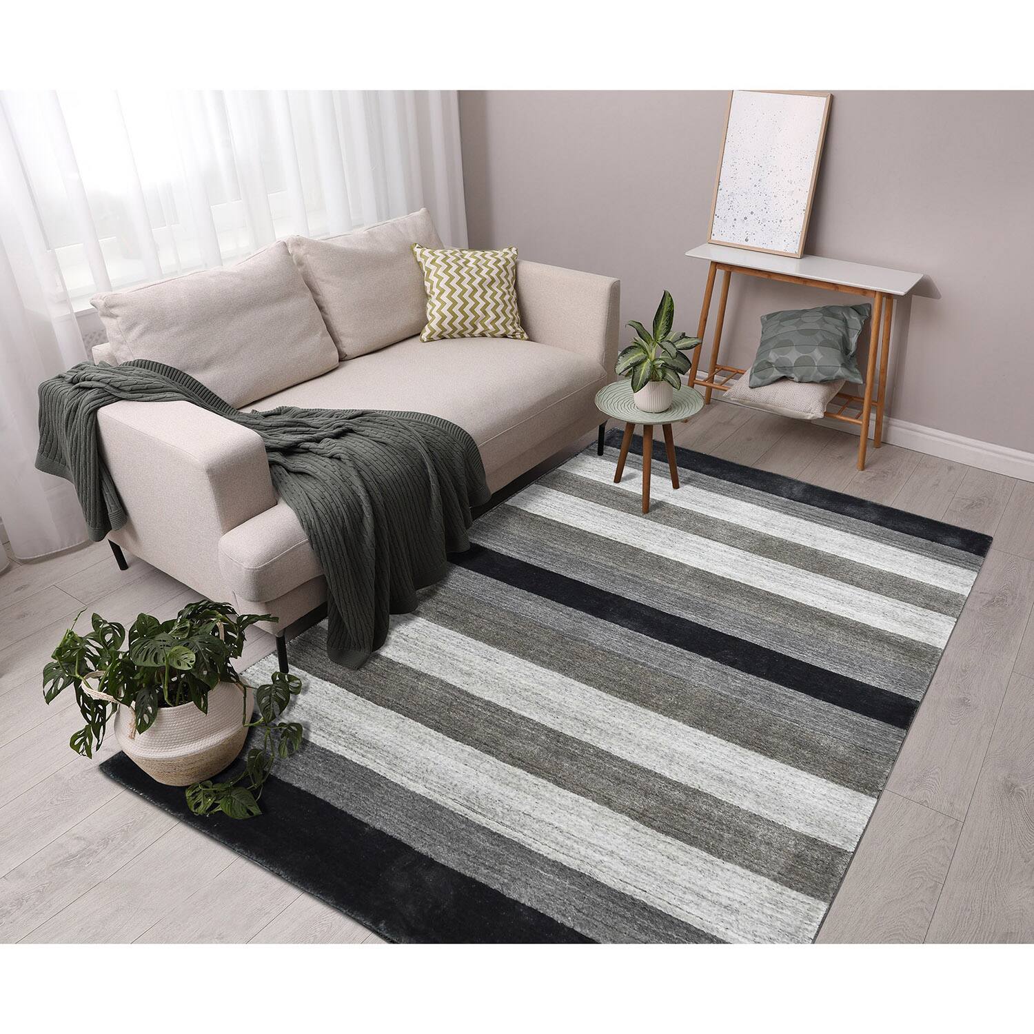 Athena Charcoal Solid Woven Wool 5X3 Feet Carpet - Saraswati Global