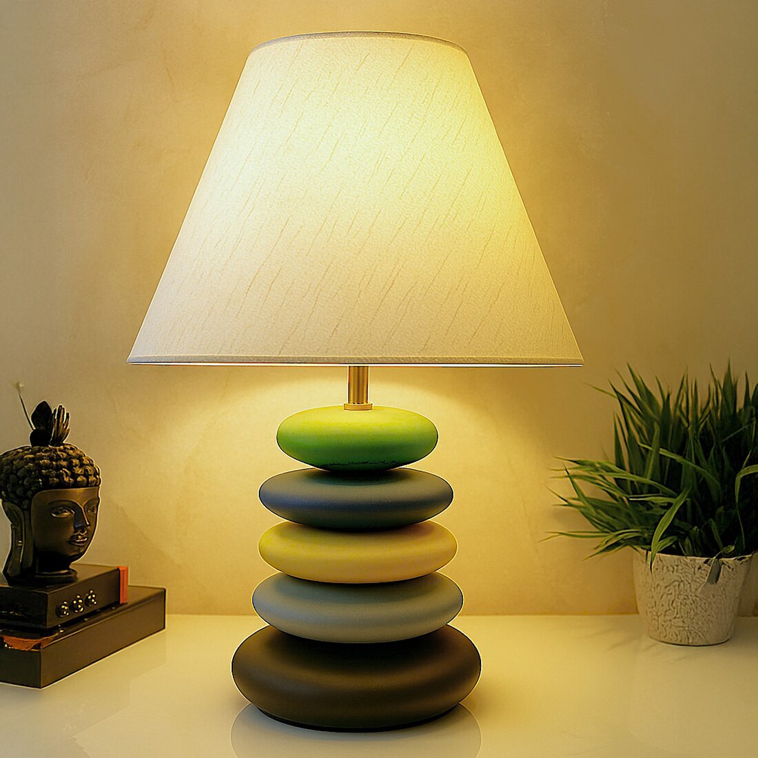 Pebble Green Yellow Blend Wooden Table Lamp in Multicolor