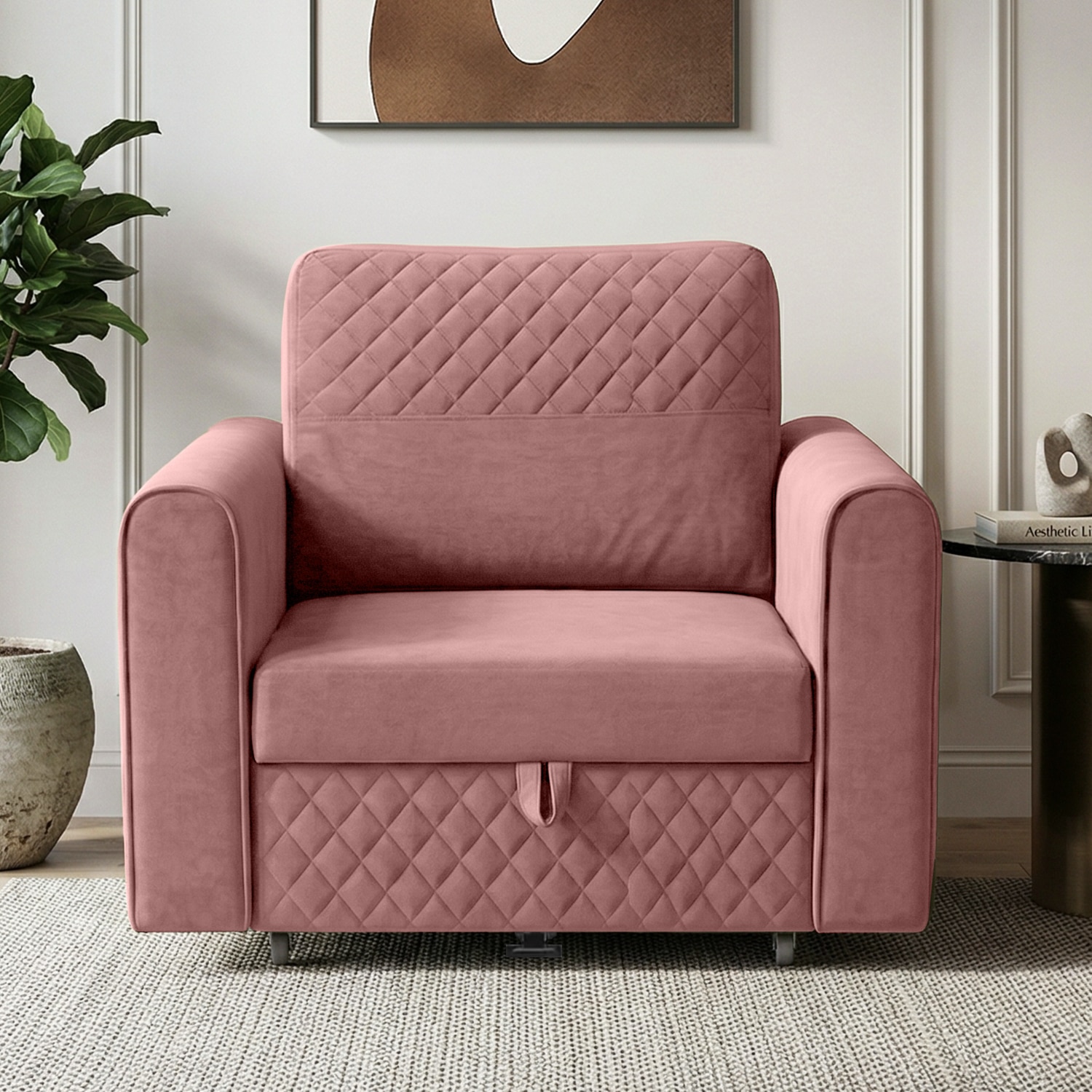 Baruna 1 Seater Velvet Pull Out Sofa Cum Bed with Storage In Peach Color - Home Lifestylez