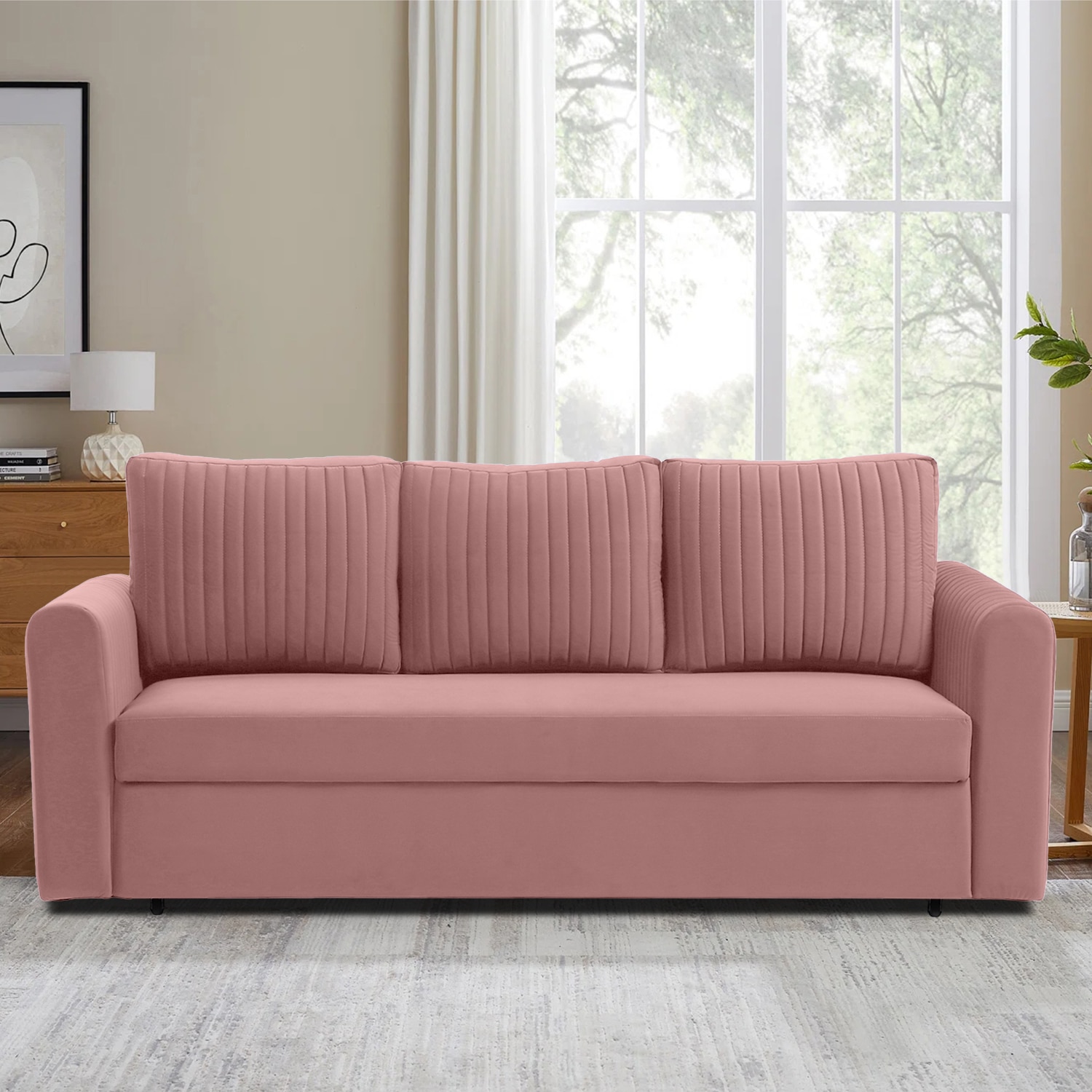 Melano 3 Seater Pull Out Sofa cum Bed in Pink Colour