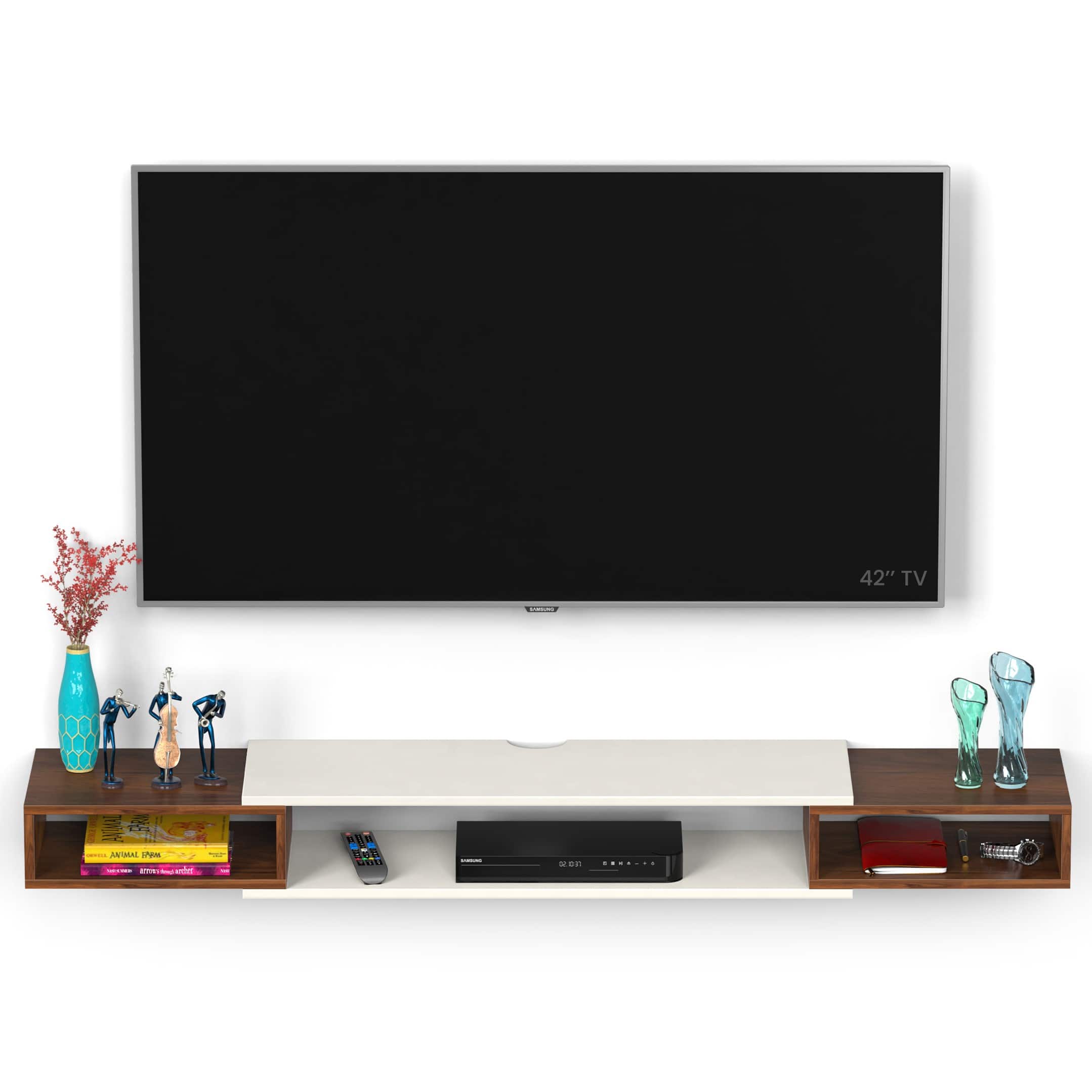 BLUEWUD Toska Engineering Wood Wall Mount TV Entertainment Unit Set Top Box Stand/TV Cabinet Panels with Shelves for Books & D�cor Display Unit, Ideal for 42� (Toska Large, Brown Maple & Beige)