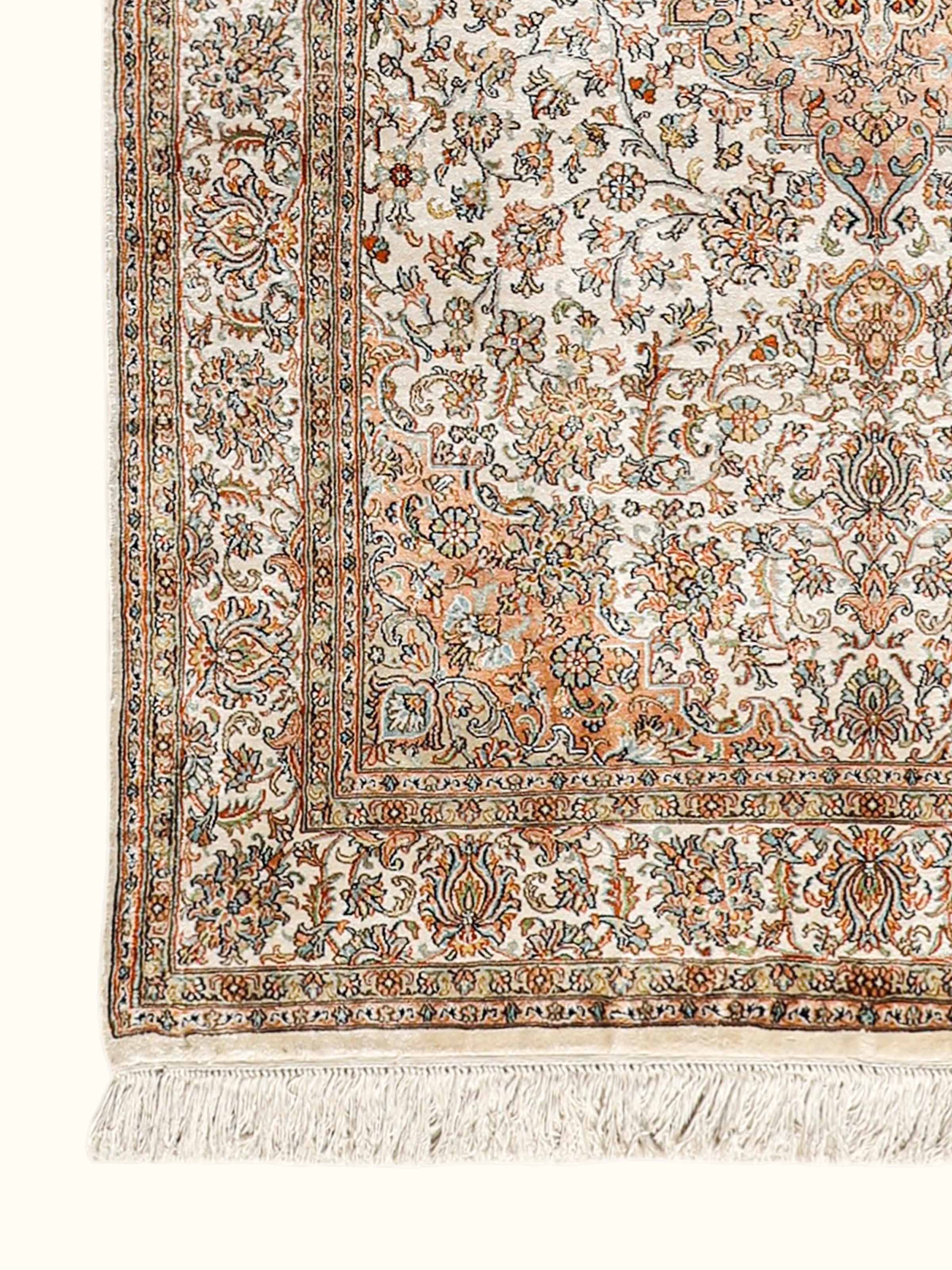 Traditional Persian Ivory Lt. Pink Kashan Kashmir Silk Hand-Knotted Carpet
