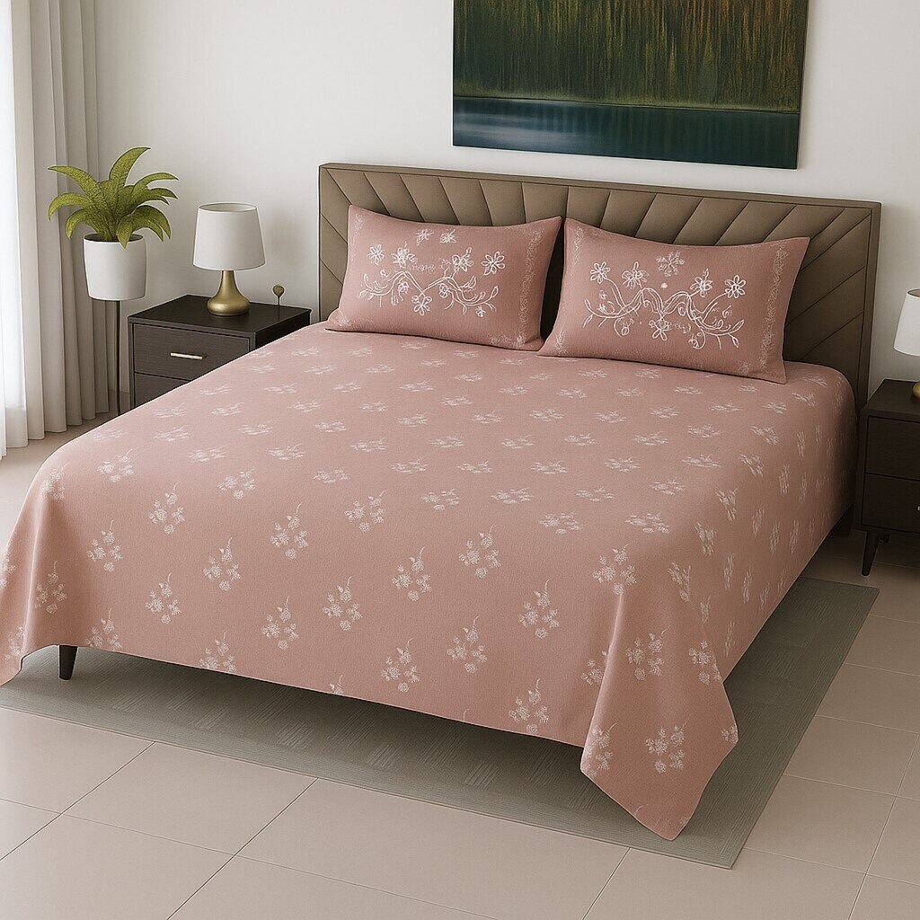 Pink Floral 400 TC Cotton Flat Super King Size Bedsheet With 2 Pilllow Covers