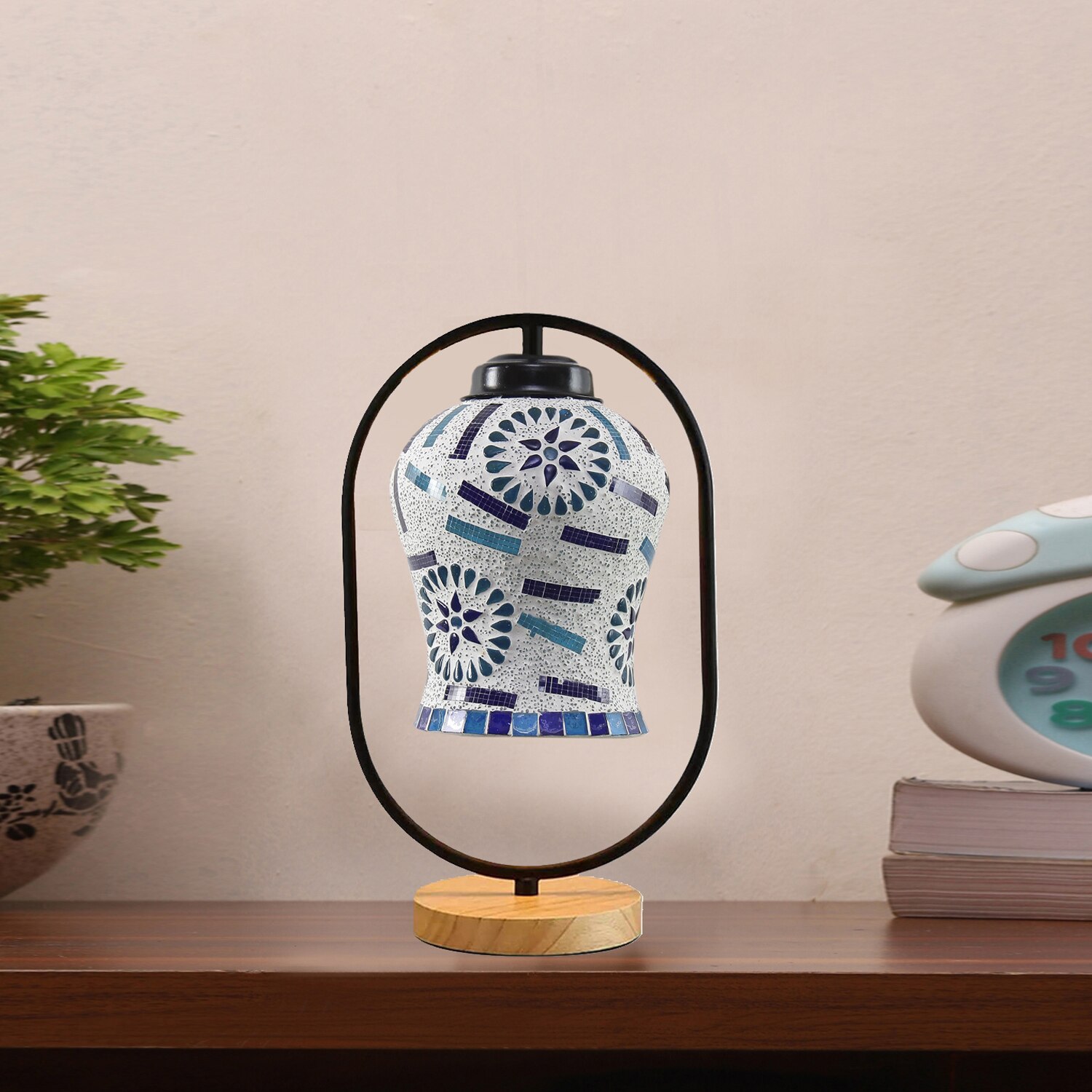Devansh Multicolor Glass Wooden & Iron  Table Lamp -17 Inch Height  -Abm
