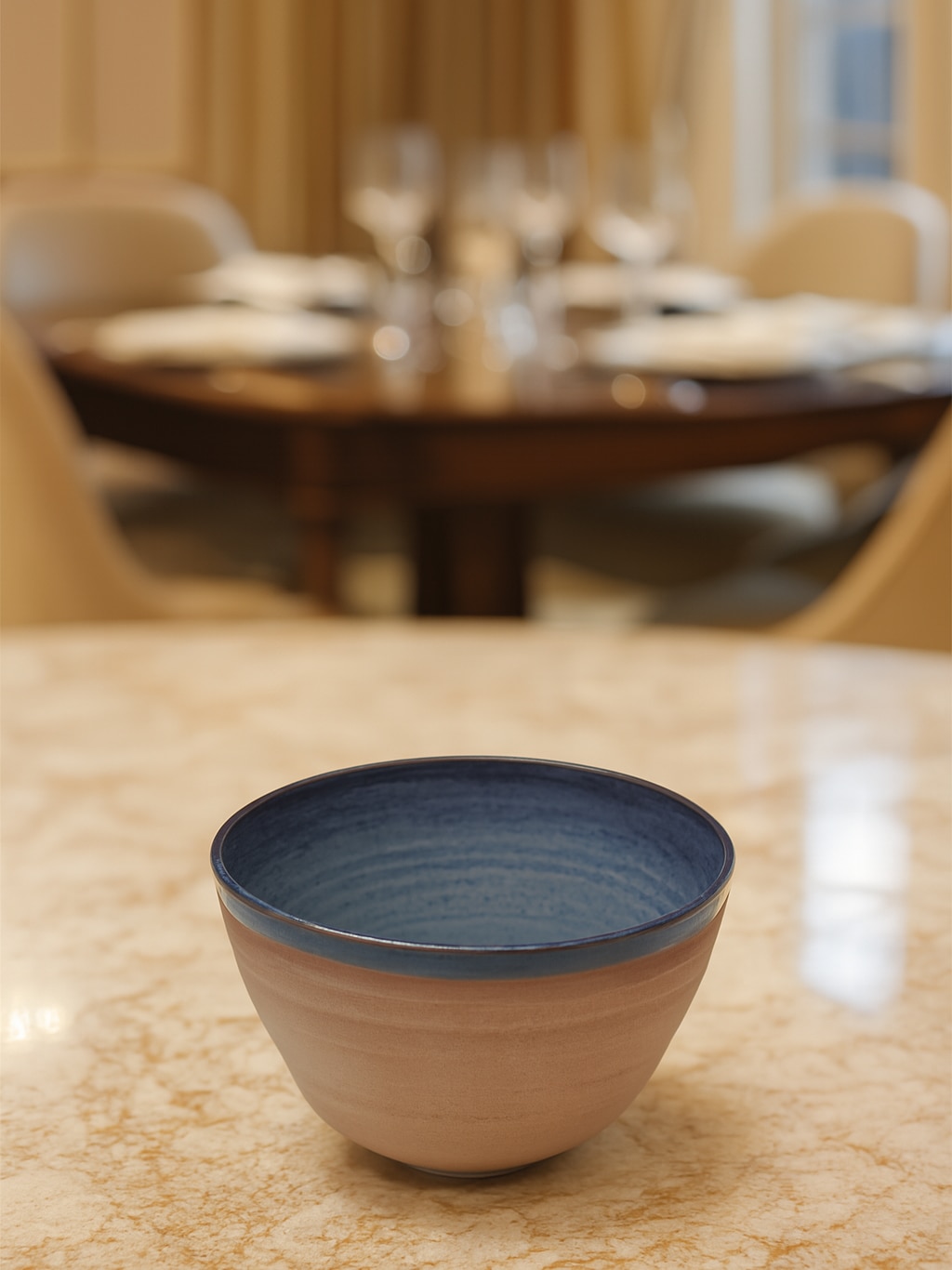 Lifestyle view of studio pottery ceramic serving bowl brown for dining and serving