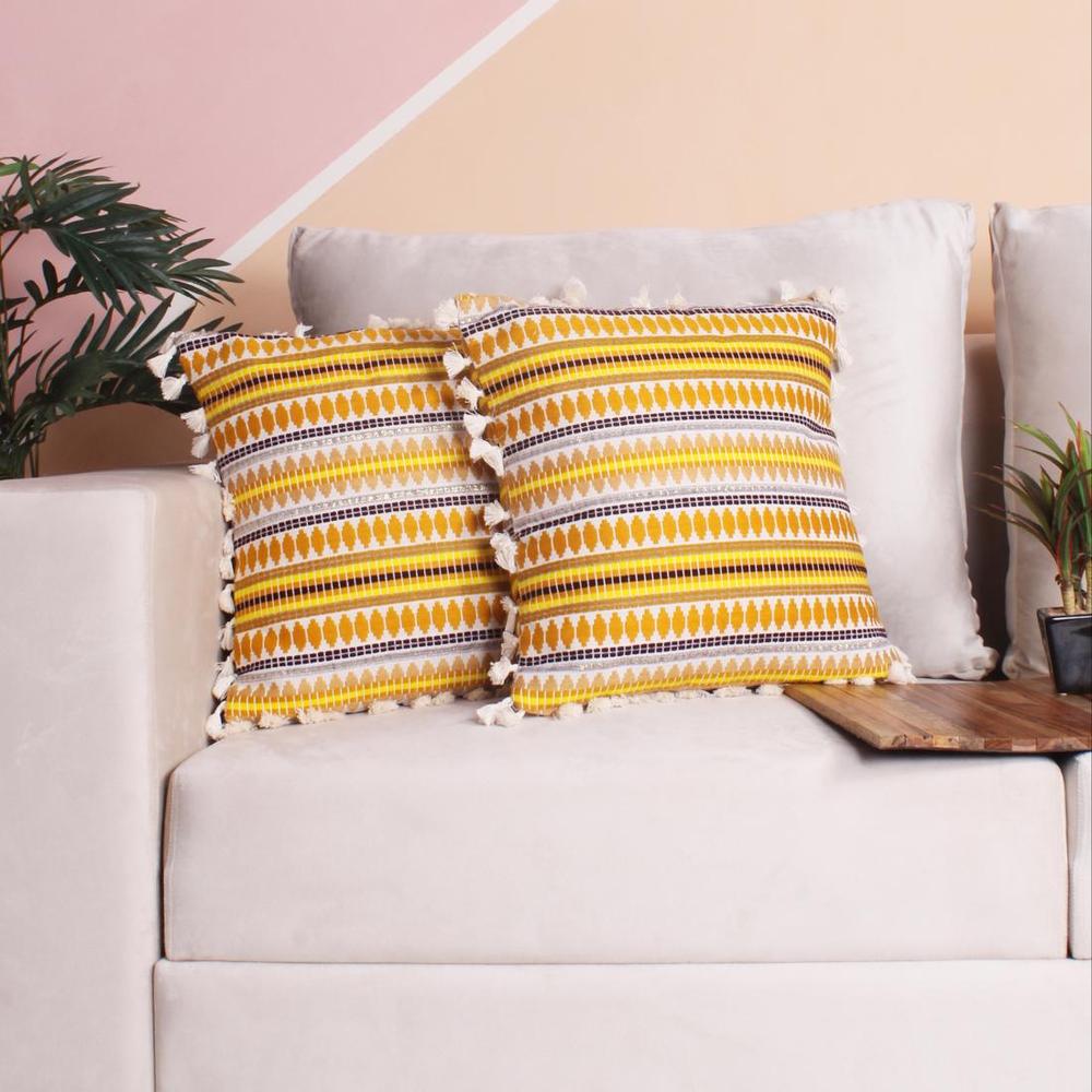 Acrylic Striped Cushion Cover with Lace Set of 2 (16 X 16 Inches)