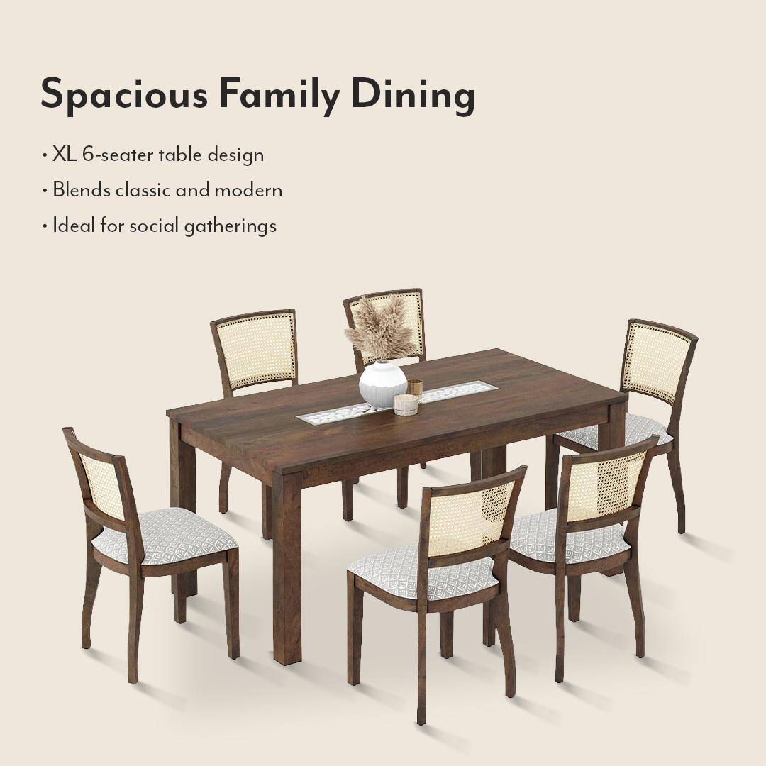 Brighton Xl 6 Seater Dining Table, Finish - Danish Walnut with Reed Dining Chair Set