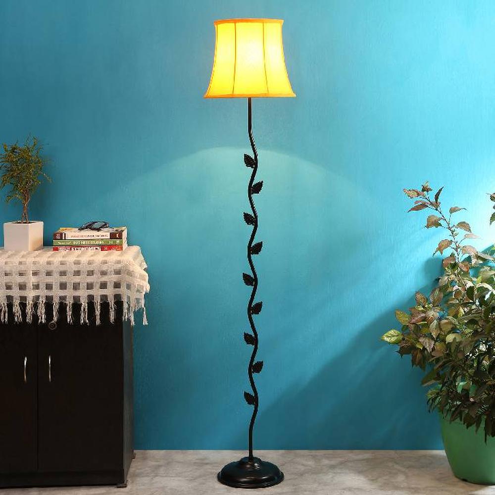 Conor Yellow Fabric Floor Lamp with Black Iron Base - Devansh