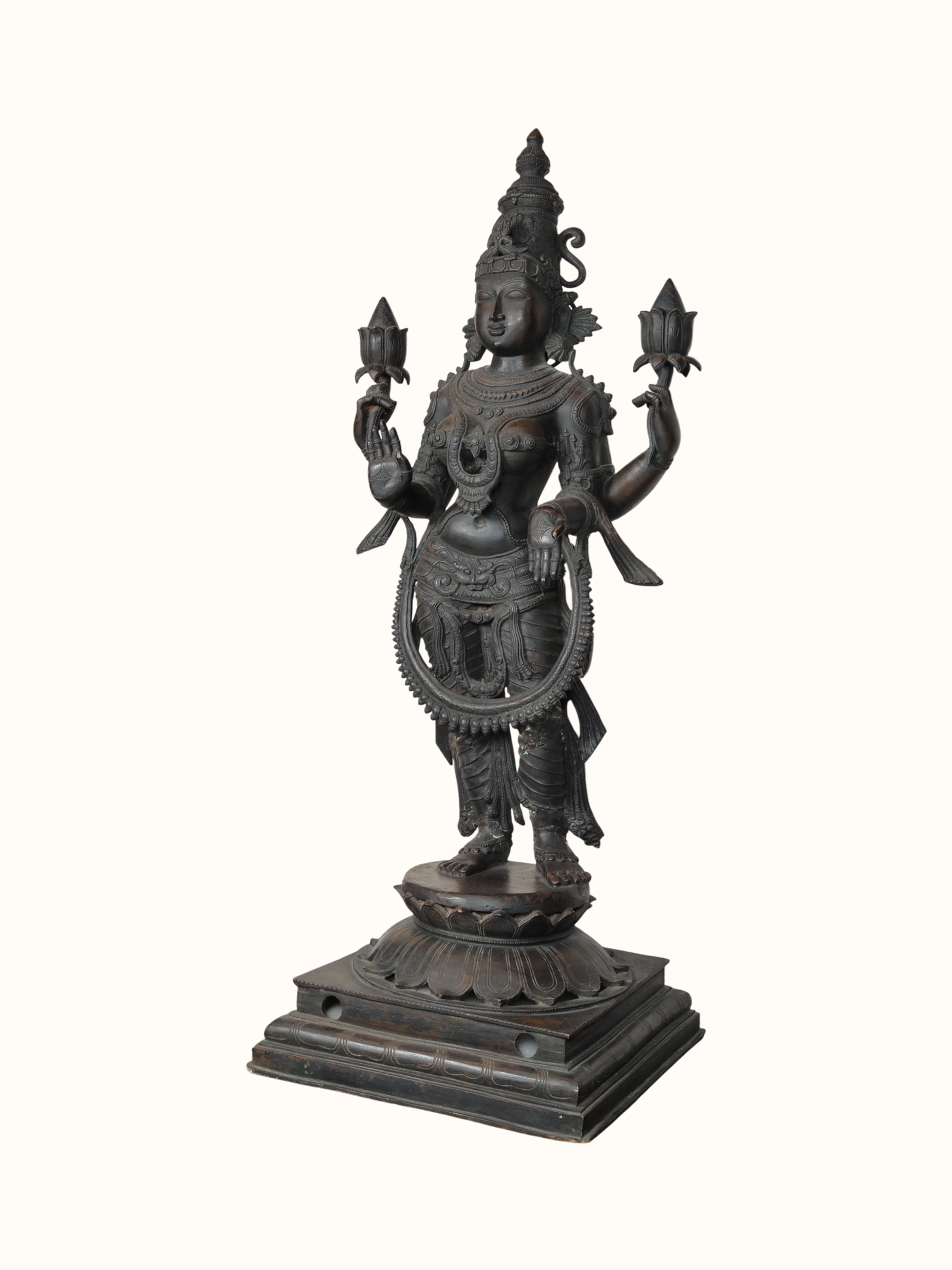 Angled view of Antique Bronze Lakshmi Idol