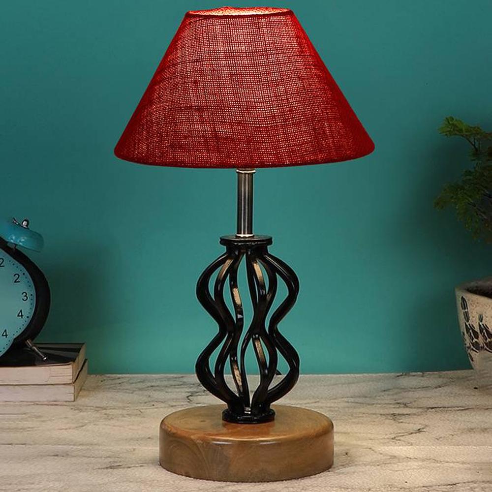 Madilyn Maroon Jute Table lamp with Wood & Iron Base