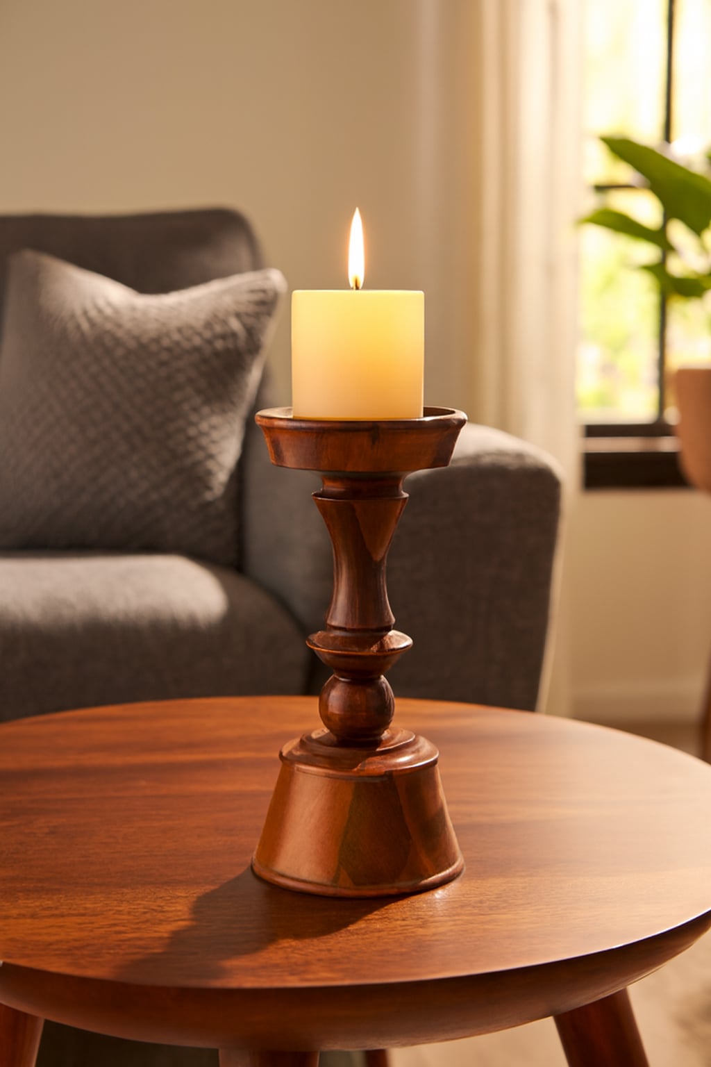Handcrafted natural Sheesham wood candle holder with smooth polished finish