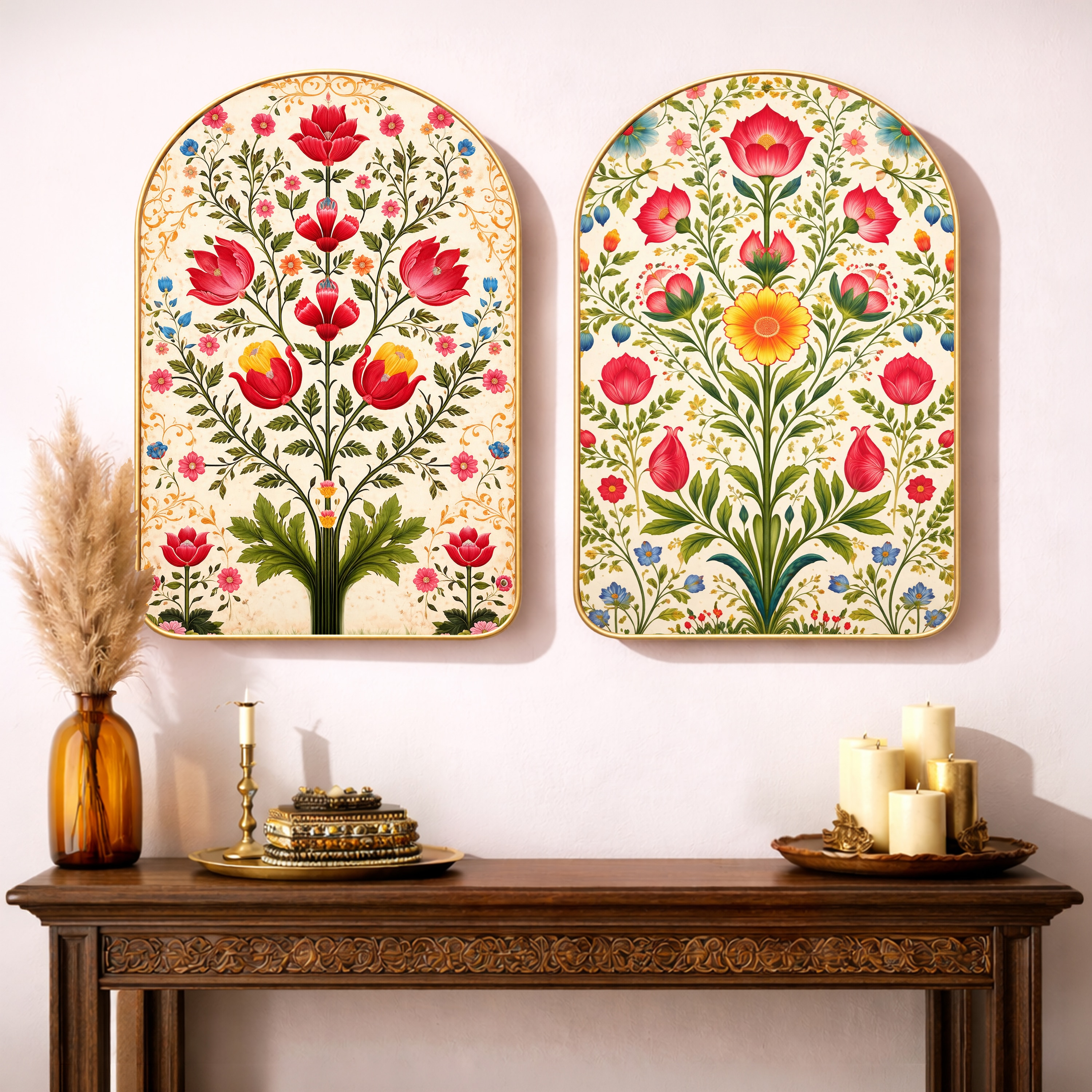 Mughal Floral Wall Art Painting Set of 2 with Gold Frame 16 x 24 Inch - Art Street