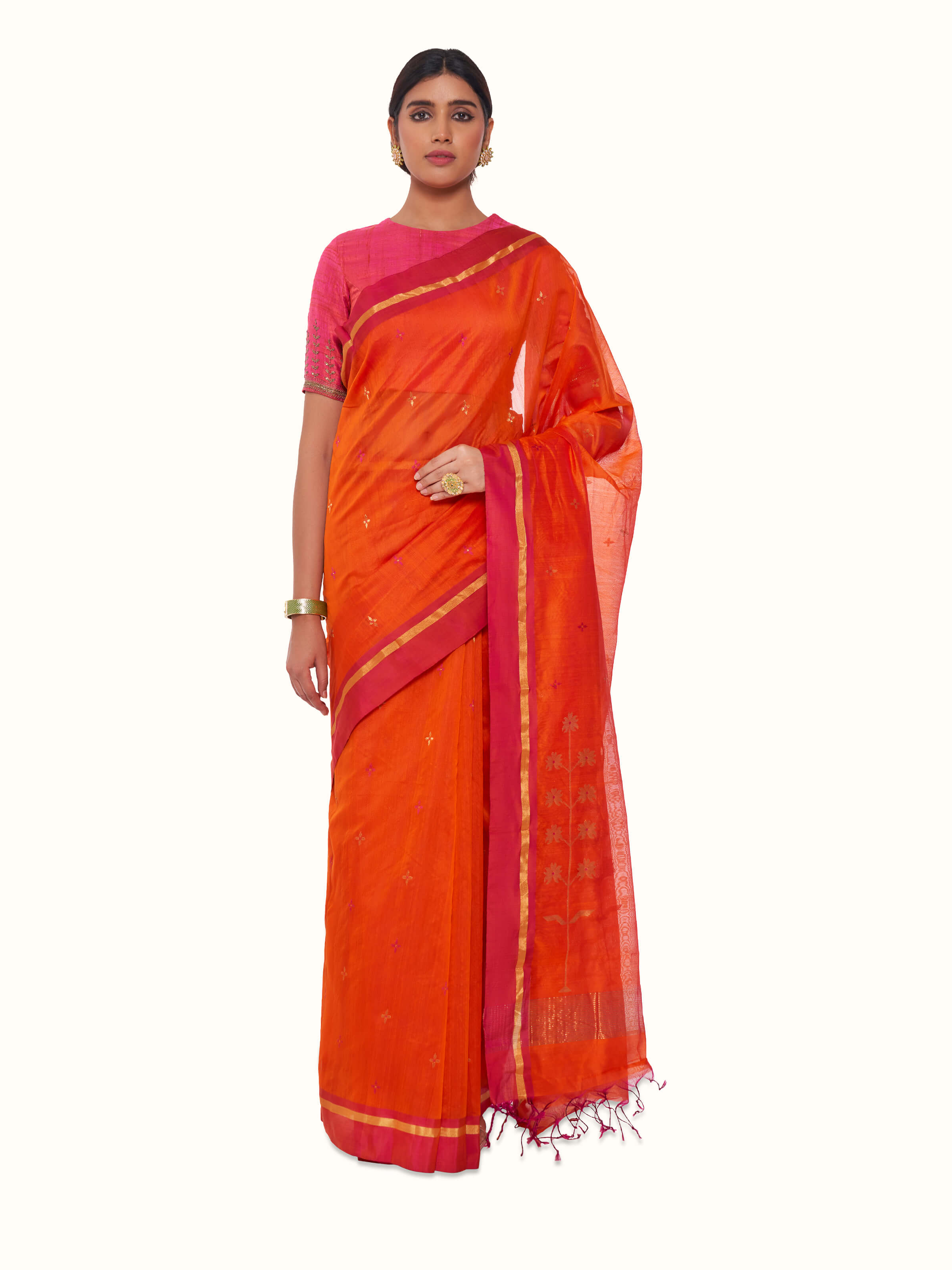 Front view of rust mulberry silk cotton Chanderi saree showcasing rich colour tone