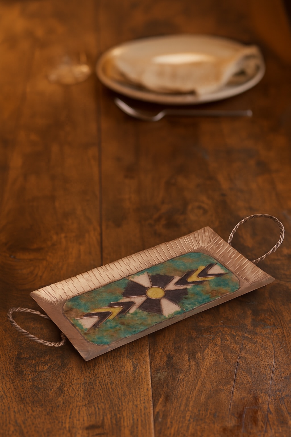Lifestyle view of Copper Serving Tray with V-shaped Pattern